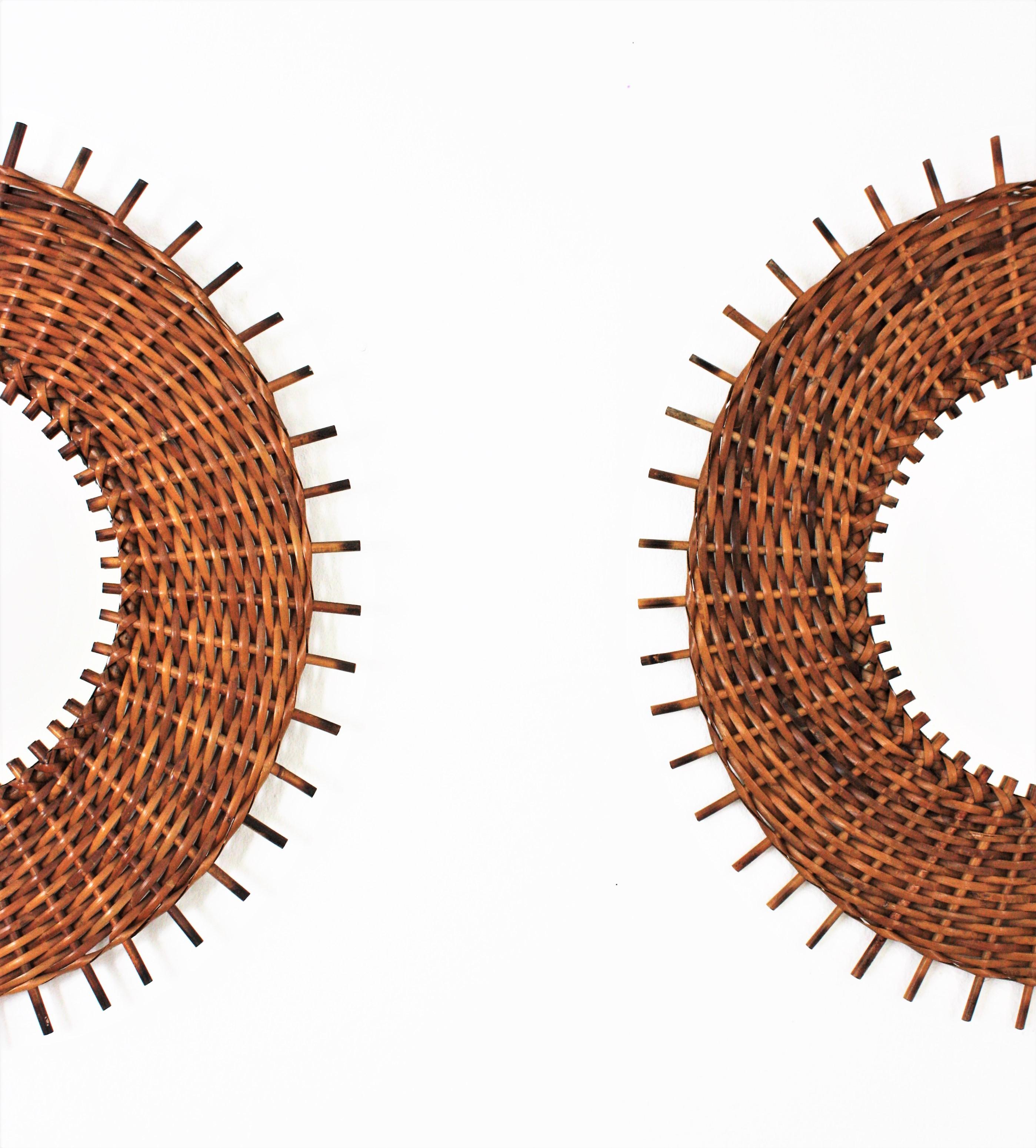 Hand-Crafted Pair of Spanish Hand-Woven Rattan Wicker Sunburst Mirrors For Sale