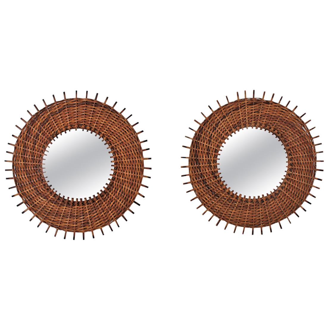 Pair of Spanish Hand-Woven Rattan Wicker Sunburst Mirrors