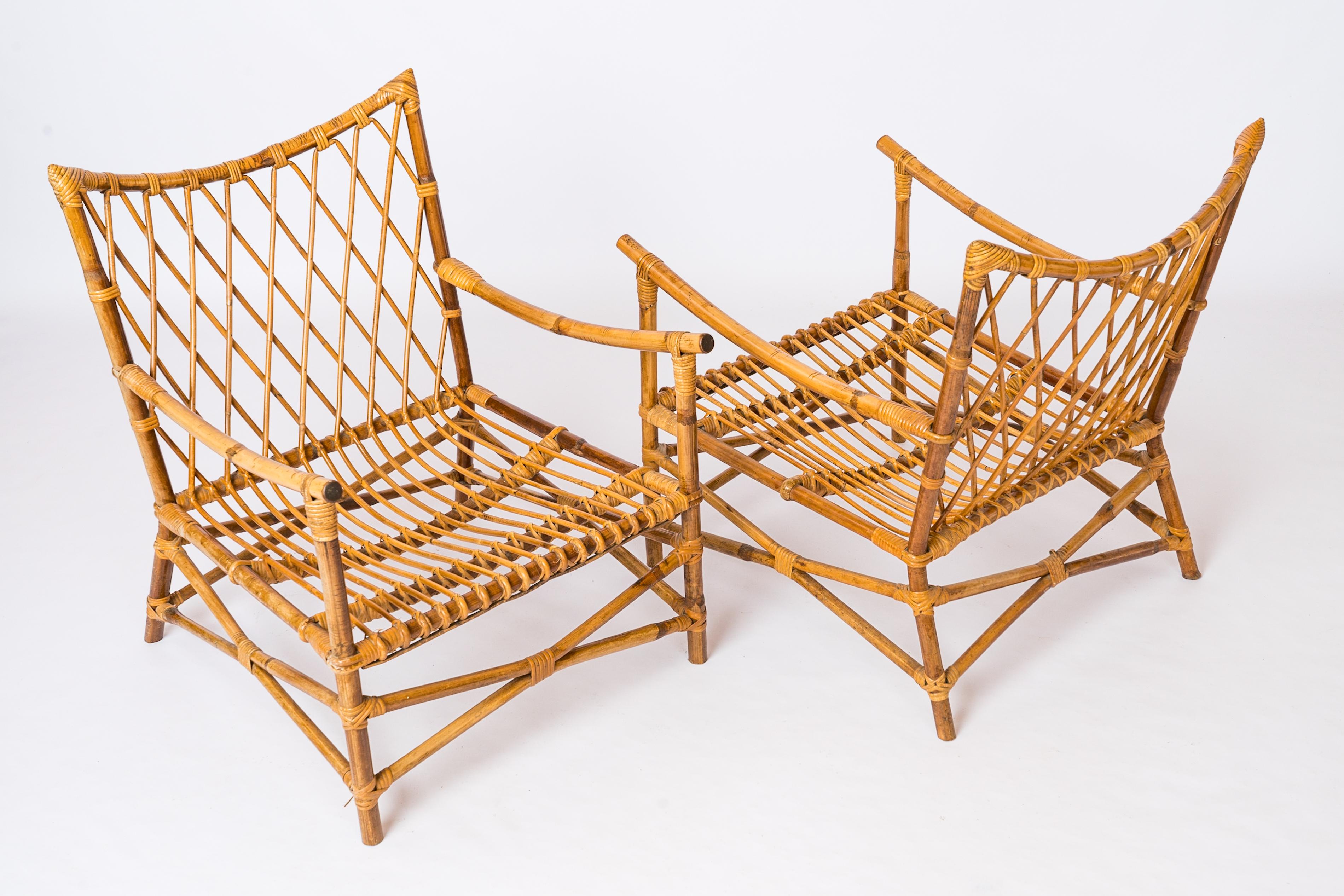Mid-20th Century Pair of Braided Rattan Lounge Armchairs w. Off-White Boucle Cushions - 1960's