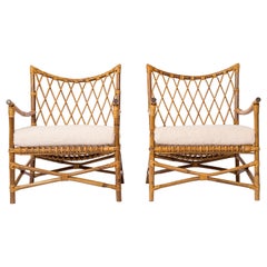 Pair of Braided Rattan Lounge Armchairs w. Off-White Boucle Cushions - 1960's