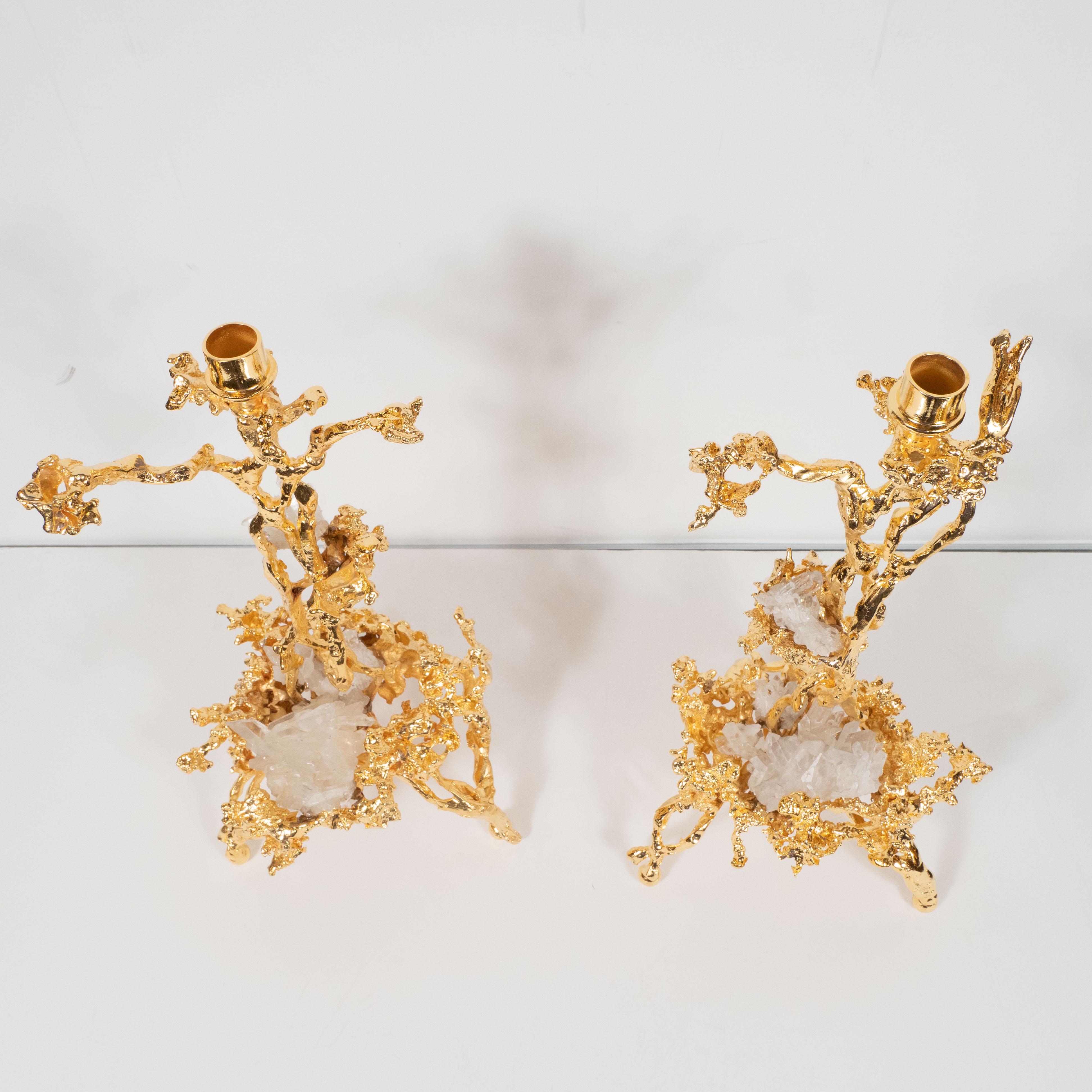 Paar Kerzenständer in Zweigform aus vergoldeter Bronze von Claude Boeltz, 24 Karat (20. Jahrhundert)