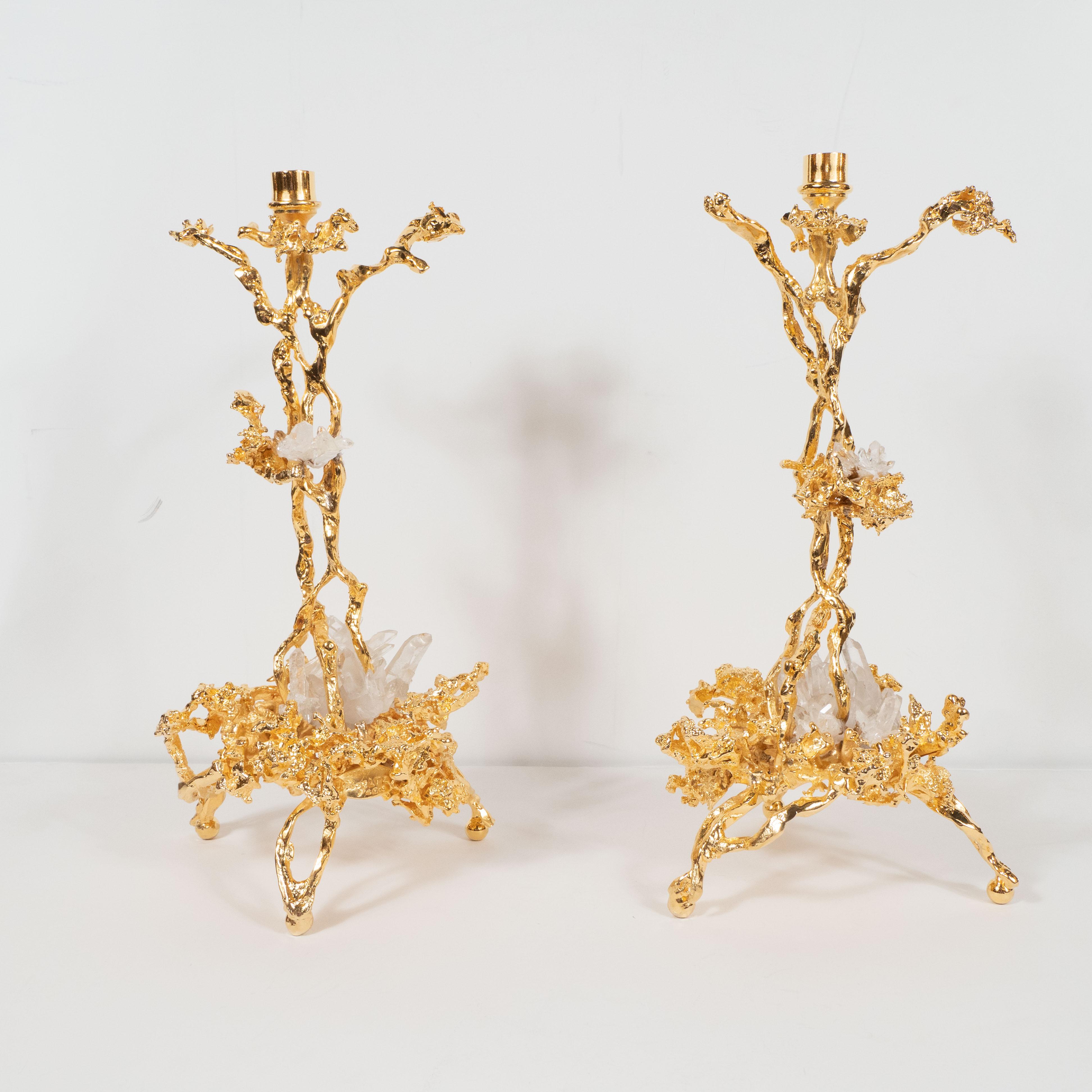 Pair of Branch Form 24-Karat Gilded Bronze Candlesticks by Claude Boeltz 1