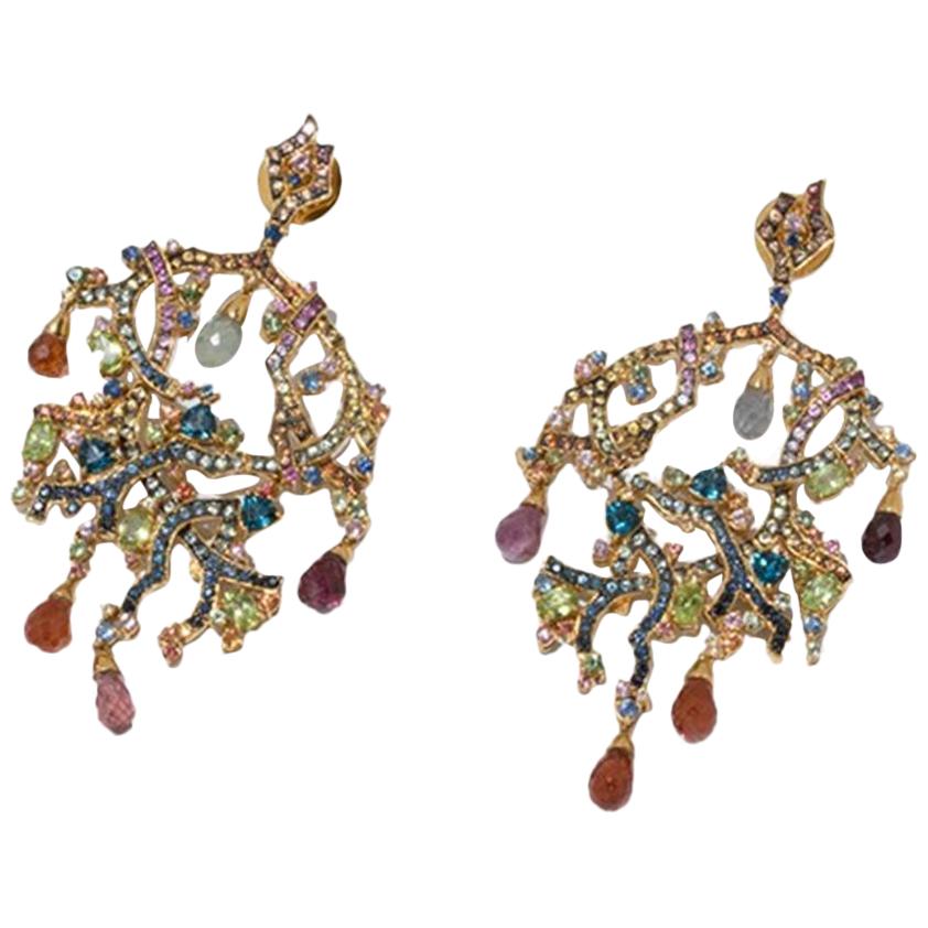 Pair of Branched Gemstone Earrings, Gold-Plated Sterling Silver