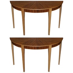 Pair of Brand New Bevan Funnell Phoenix Zebrano Wood Demi Lune Console Tables