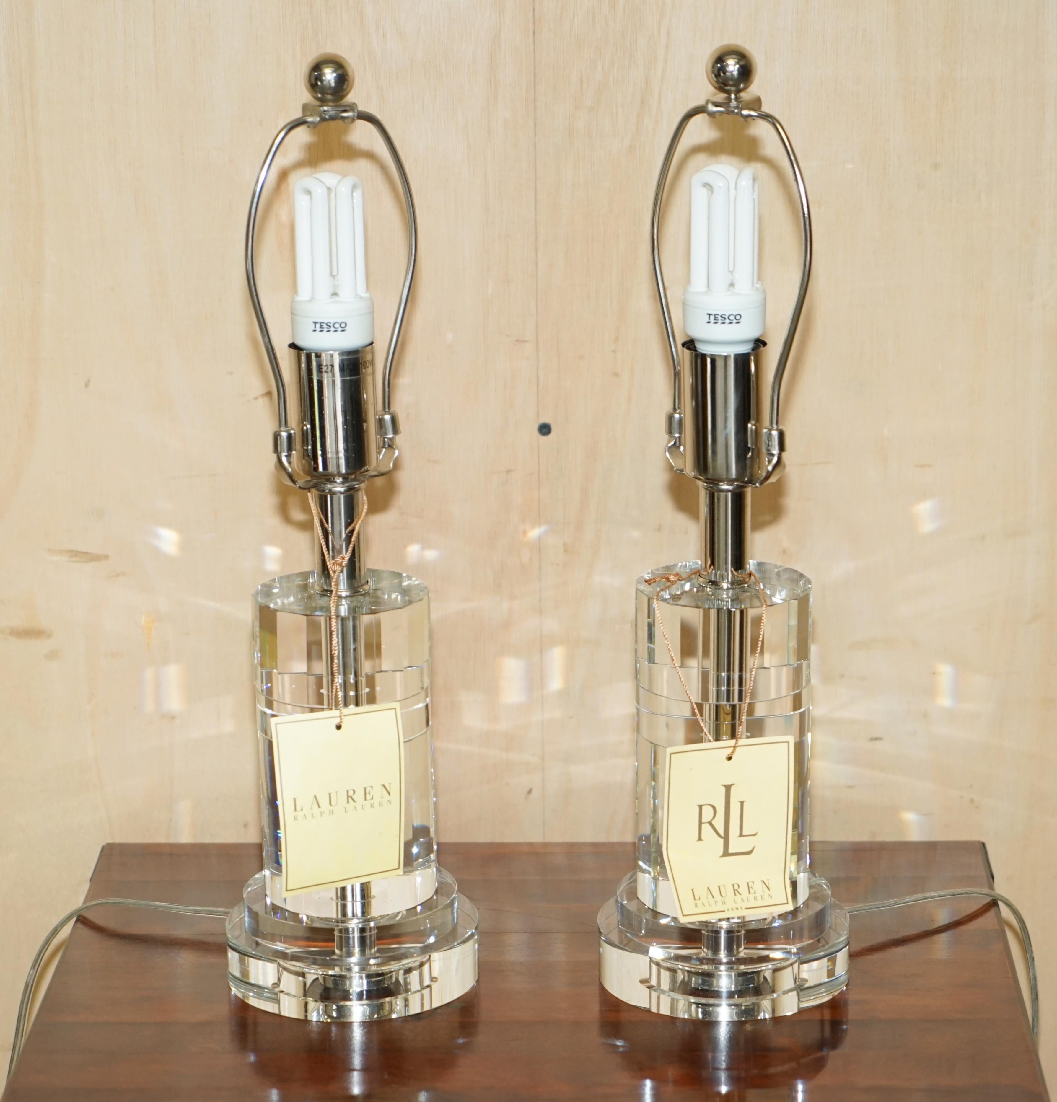 Royal House Antiques

Royal House Antiques is delighted to offer for sale this stunning pair of brand new with tags Ralph Lauren cut glass Crystal table lamps with chrome shade mounts 

A very good looking and well made pair, they came as part of a