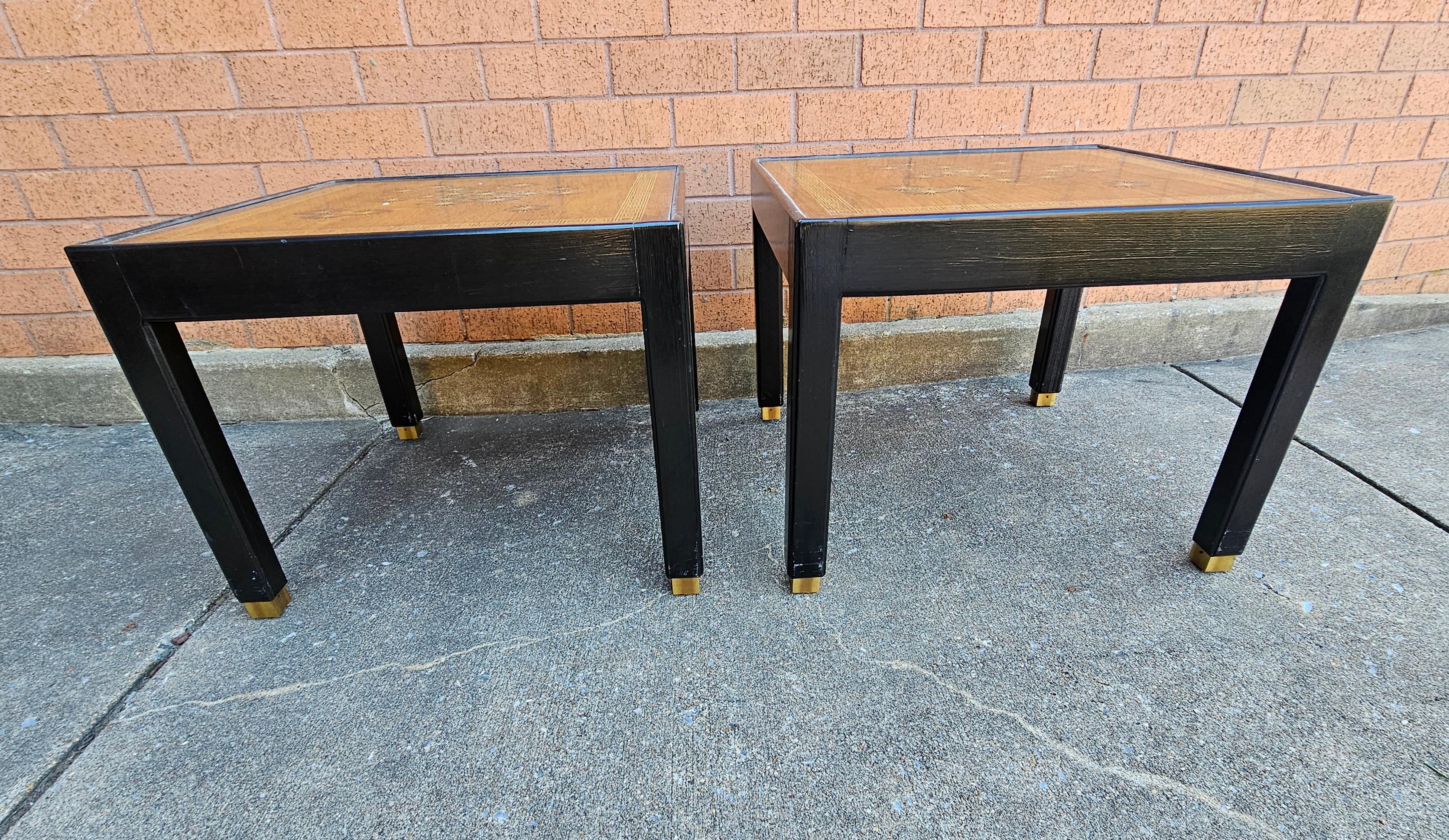 Pair Of Brandt Mid-Century Partial Ebonized And Decorated Mahogany Side Tables In Good Condition For Sale In Germantown, MD