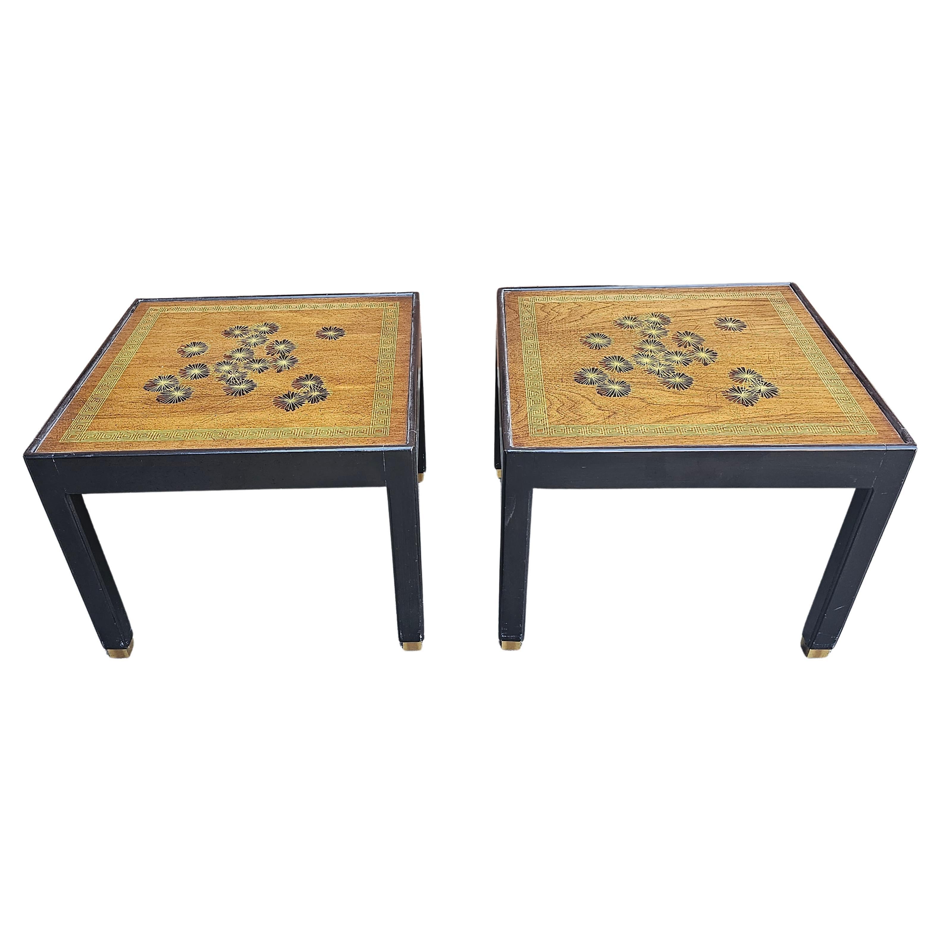 Pair Of Brandt Mid-Century Partial Ebonized And Decorated Mahogany Side Tables For Sale