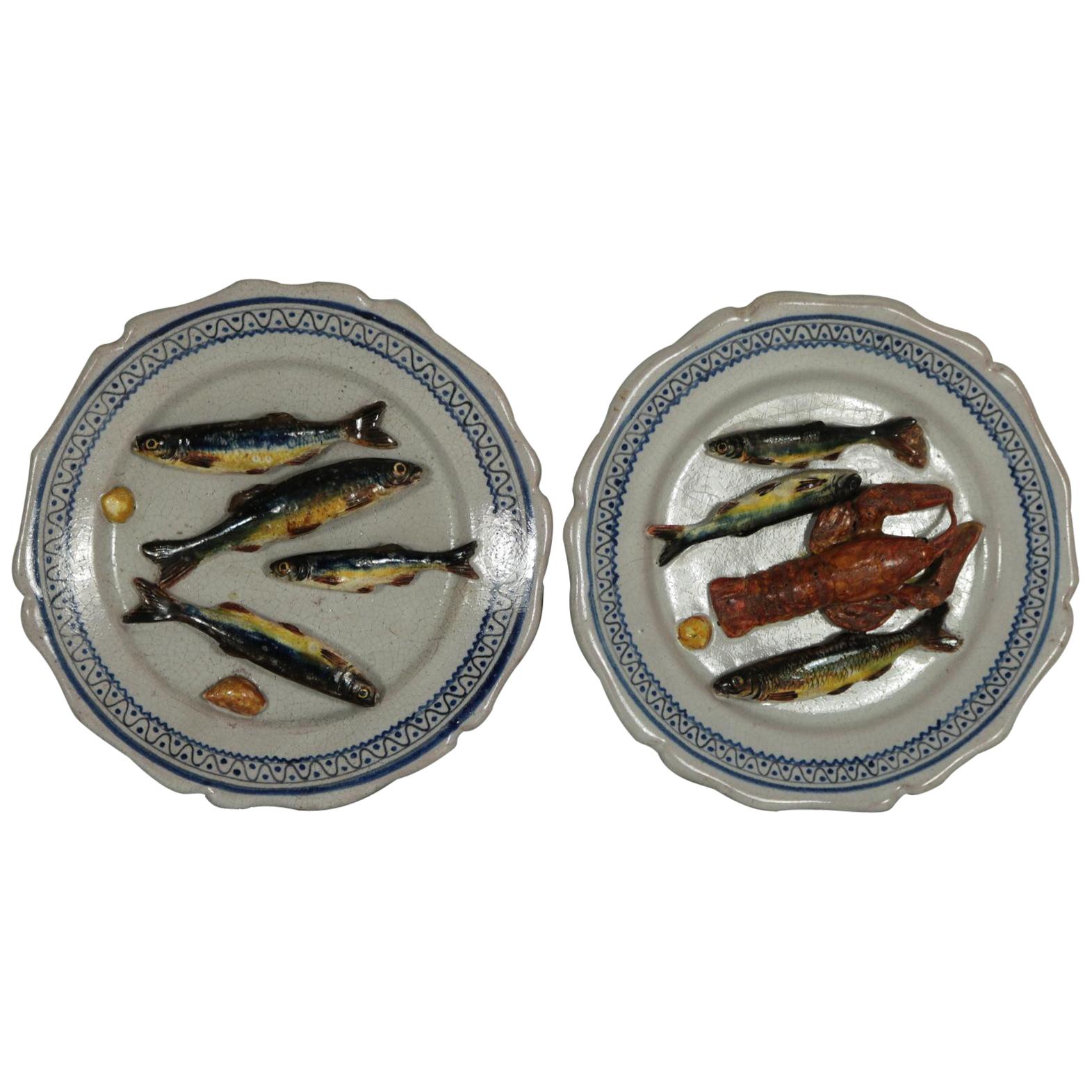 Pair of Brard Palissy Majolica Palissy Fish Plates For Sale