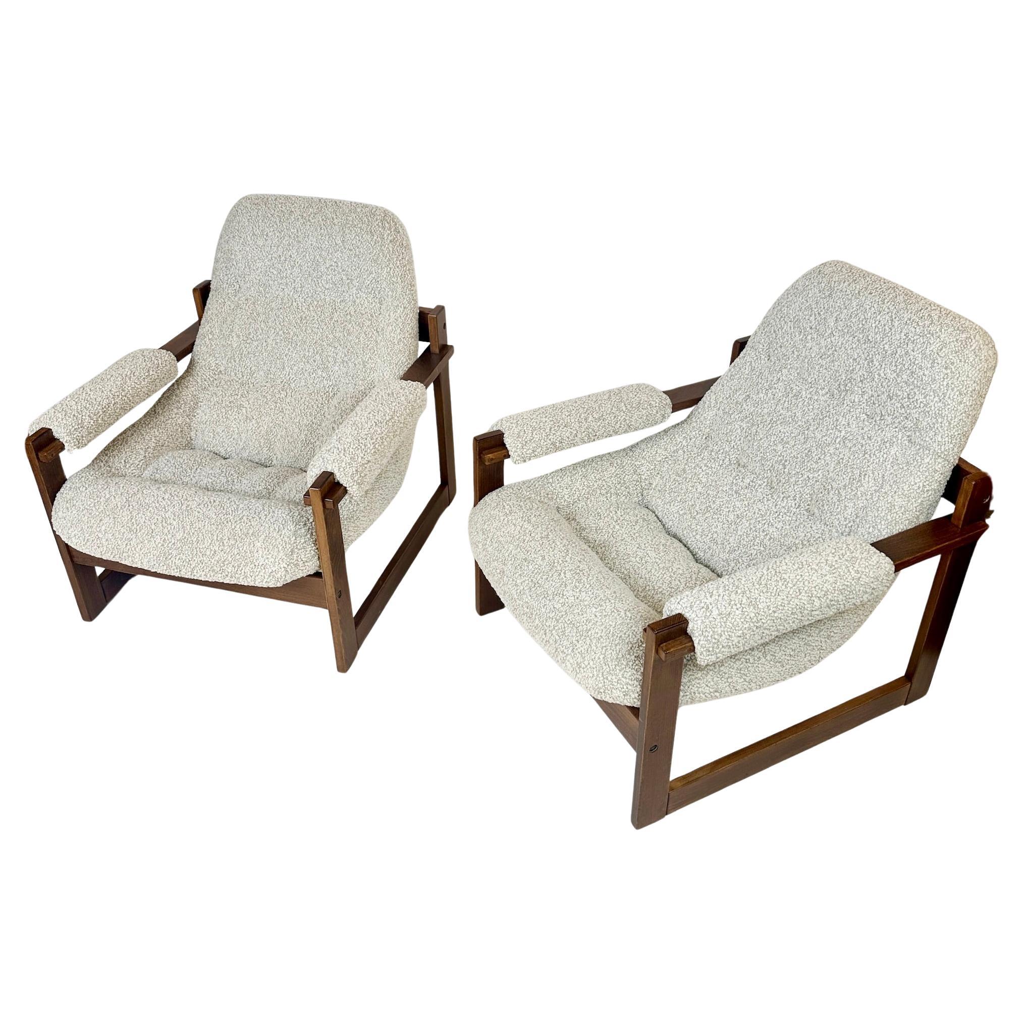 Pair of Brazilian Wood & Beige Wool Bouclè MP-163 Earth Chairs by Percival Lafer