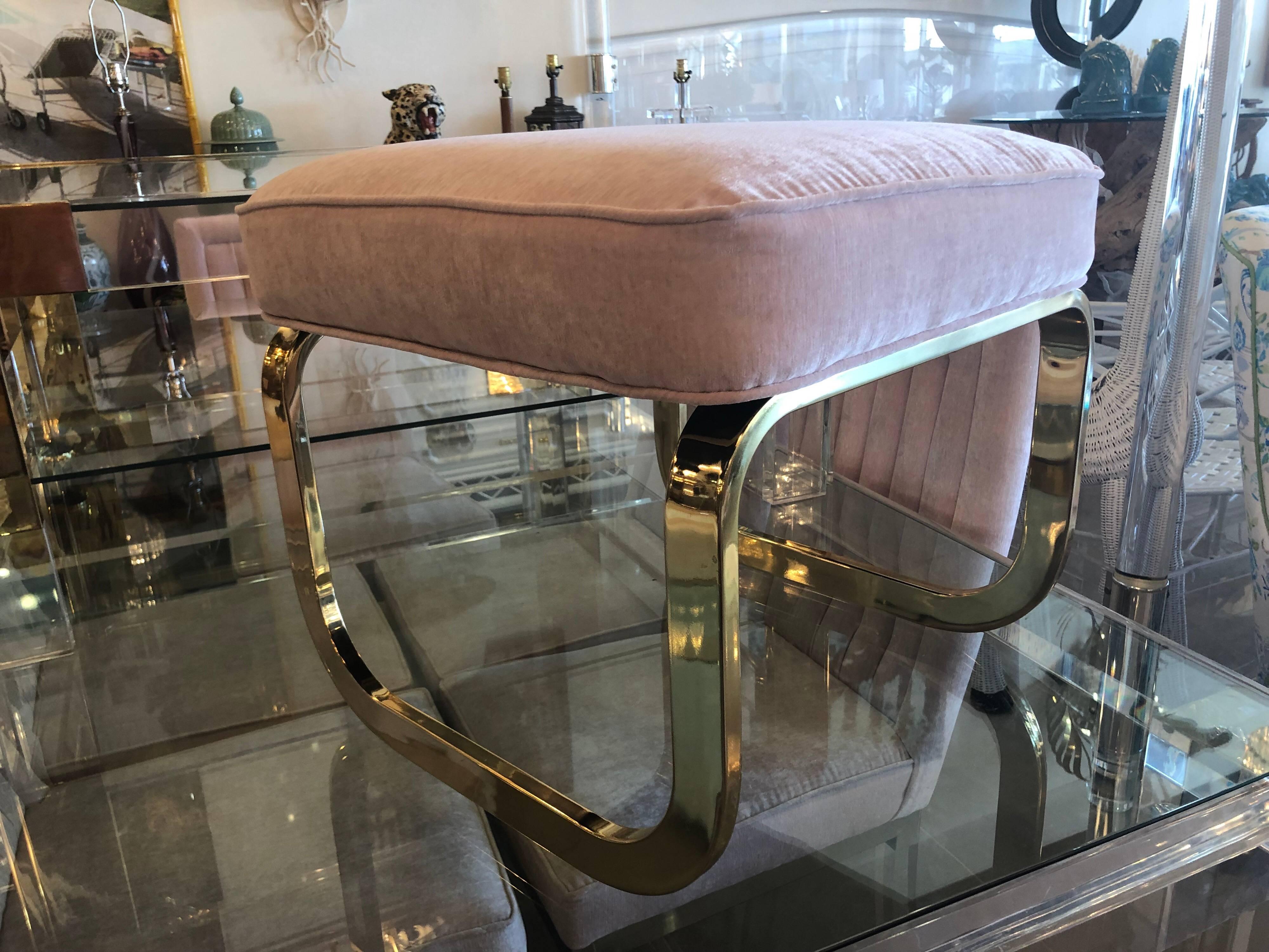 Pair of Brass and Pink Velvet Stools Benches Ottomans Hollywood Regency 5
