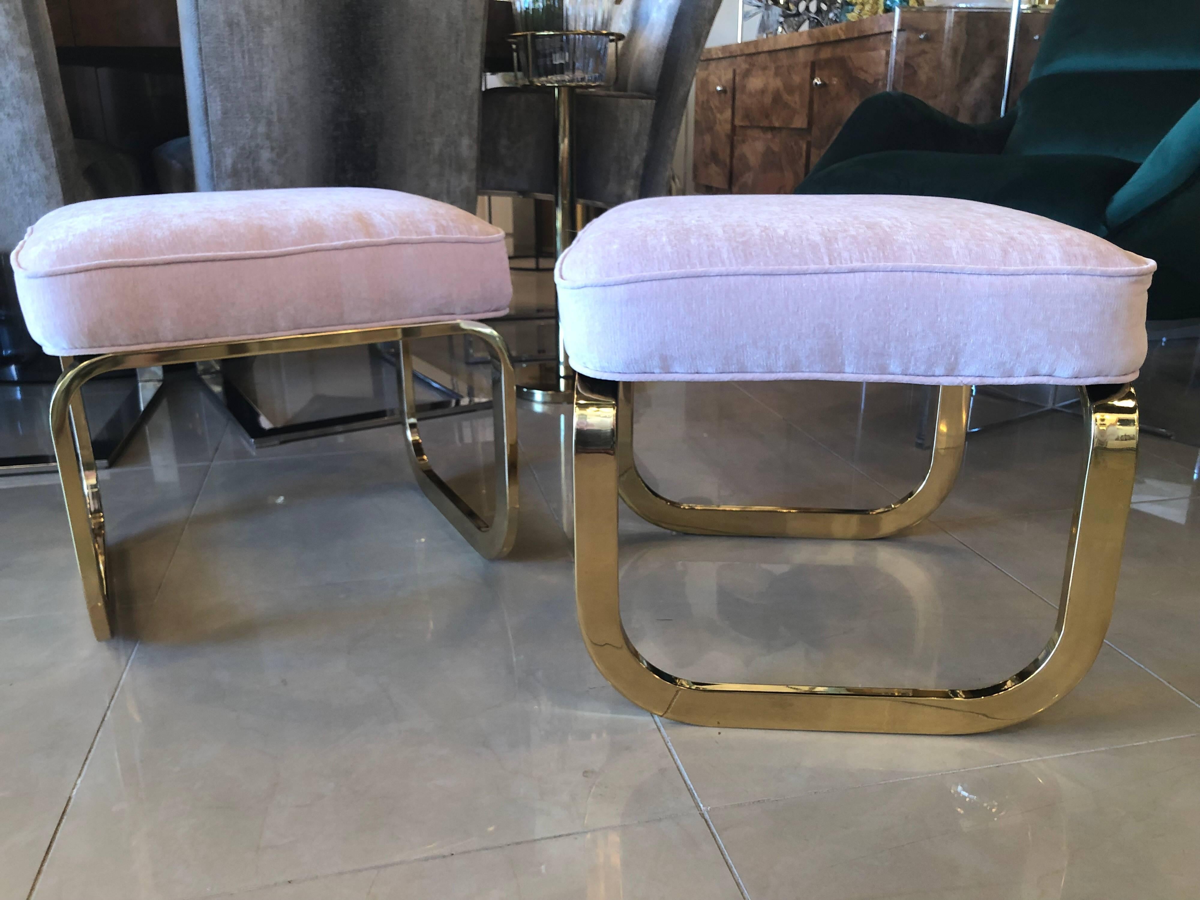 Amazing pair of vintage newly brass-plated stools, benches, ottomans in a newly upholstered pink blush velvet.