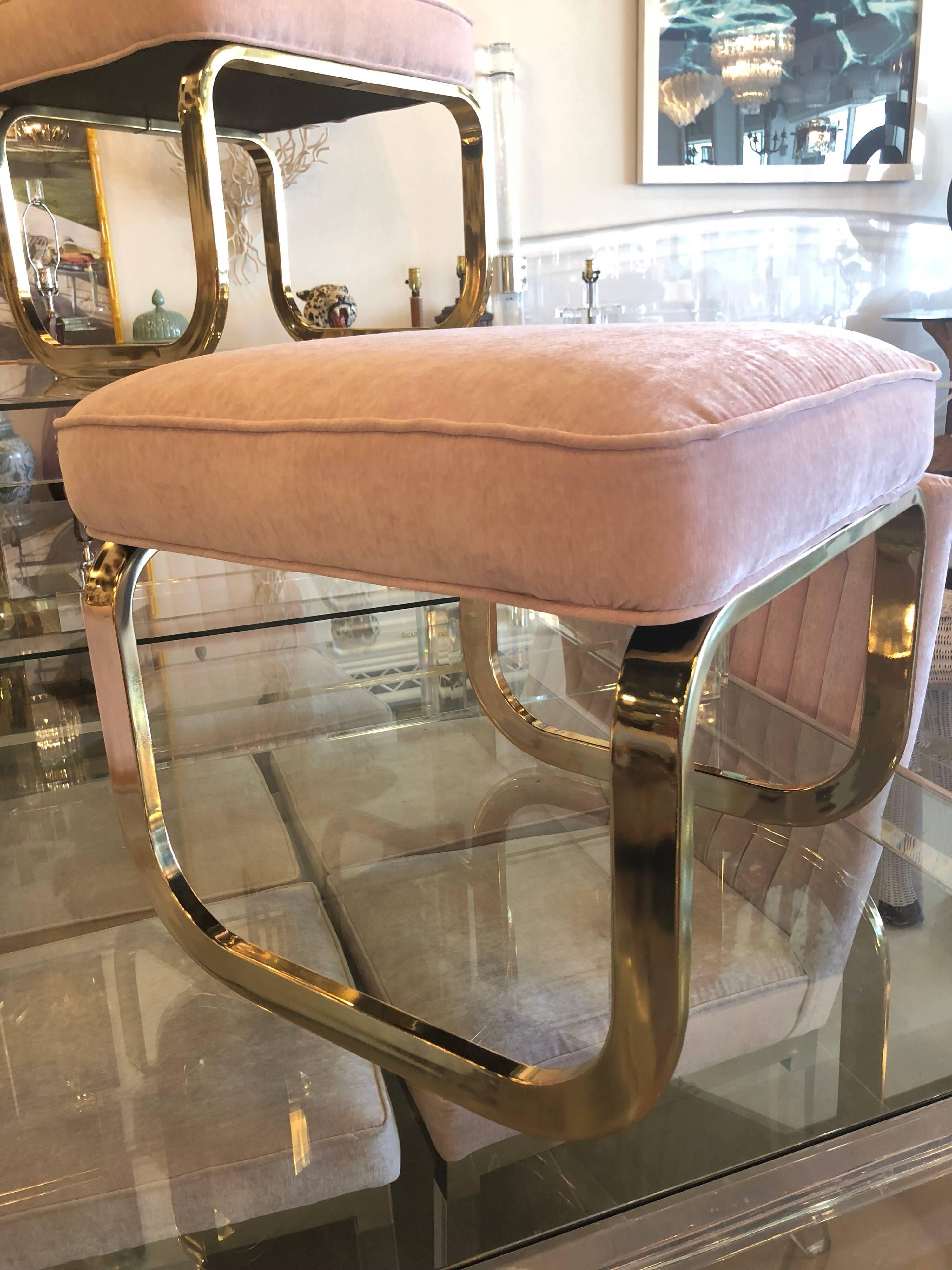 Pair of Brass and Pink Velvet Stools Benches Ottomans Hollywood Regency 1