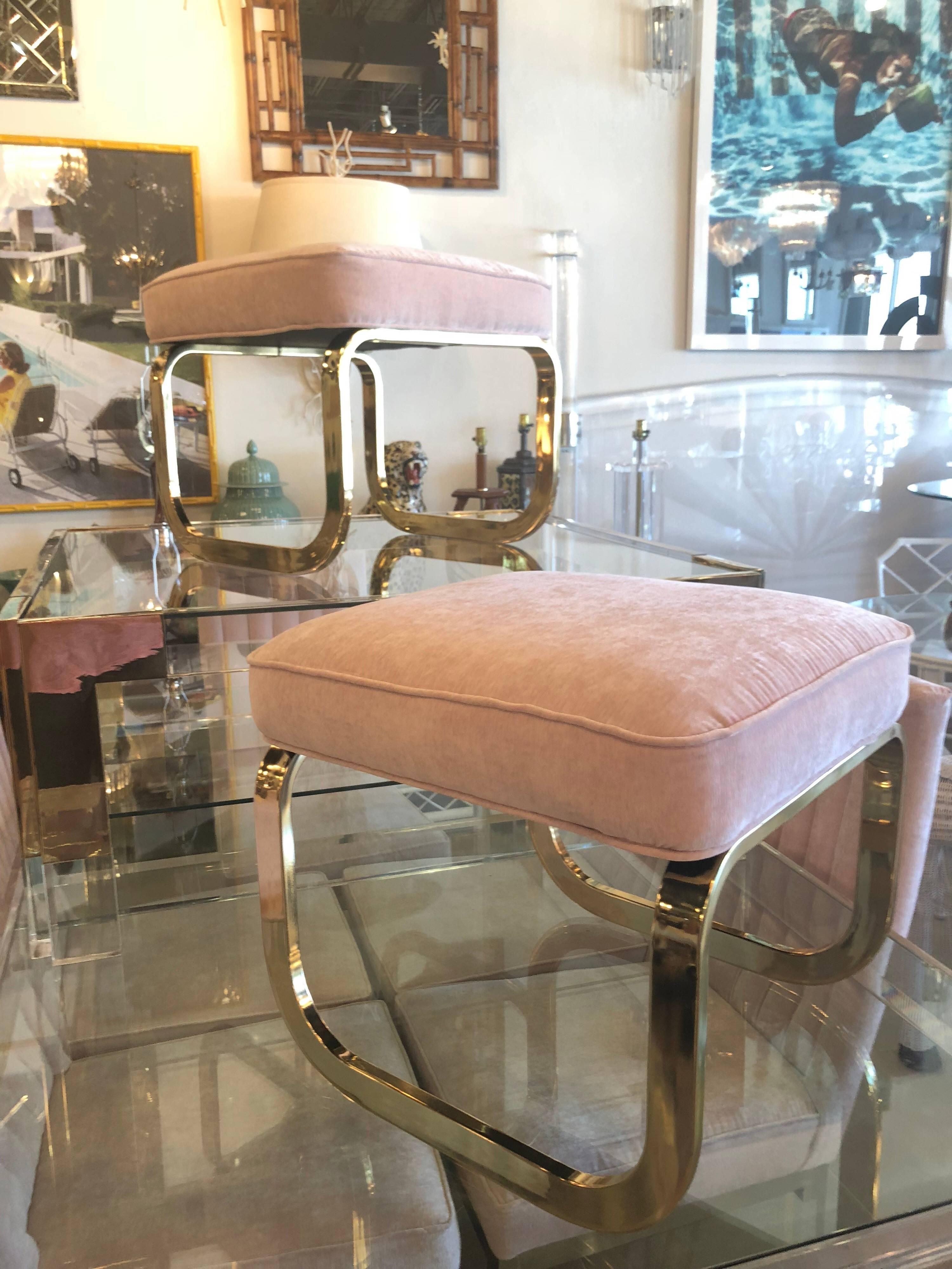 Pair of Brass and Pink Velvet Stools Benches Ottomans Hollywood Regency 2