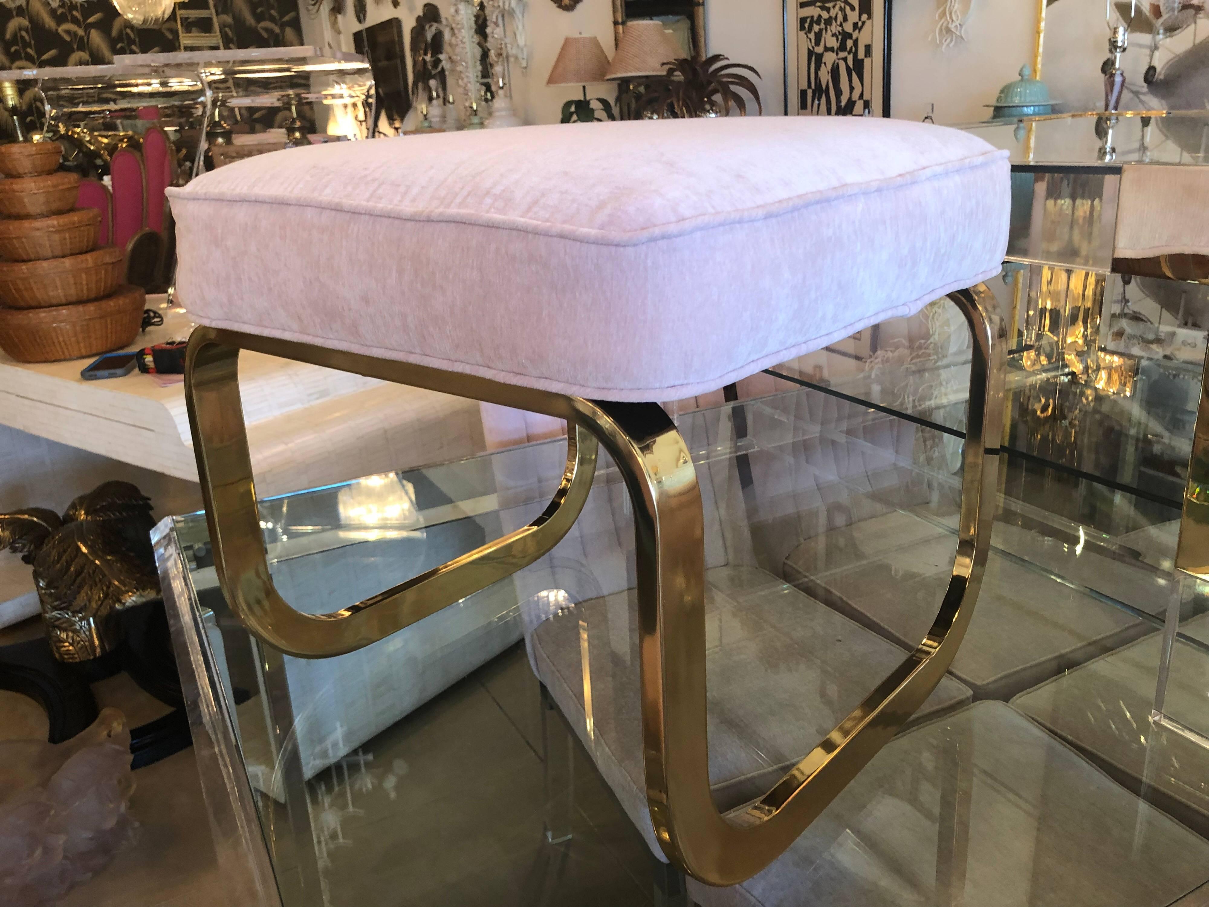 Pair of Brass and Pink Velvet Stools Benches Ottomans Hollywood Regency 3