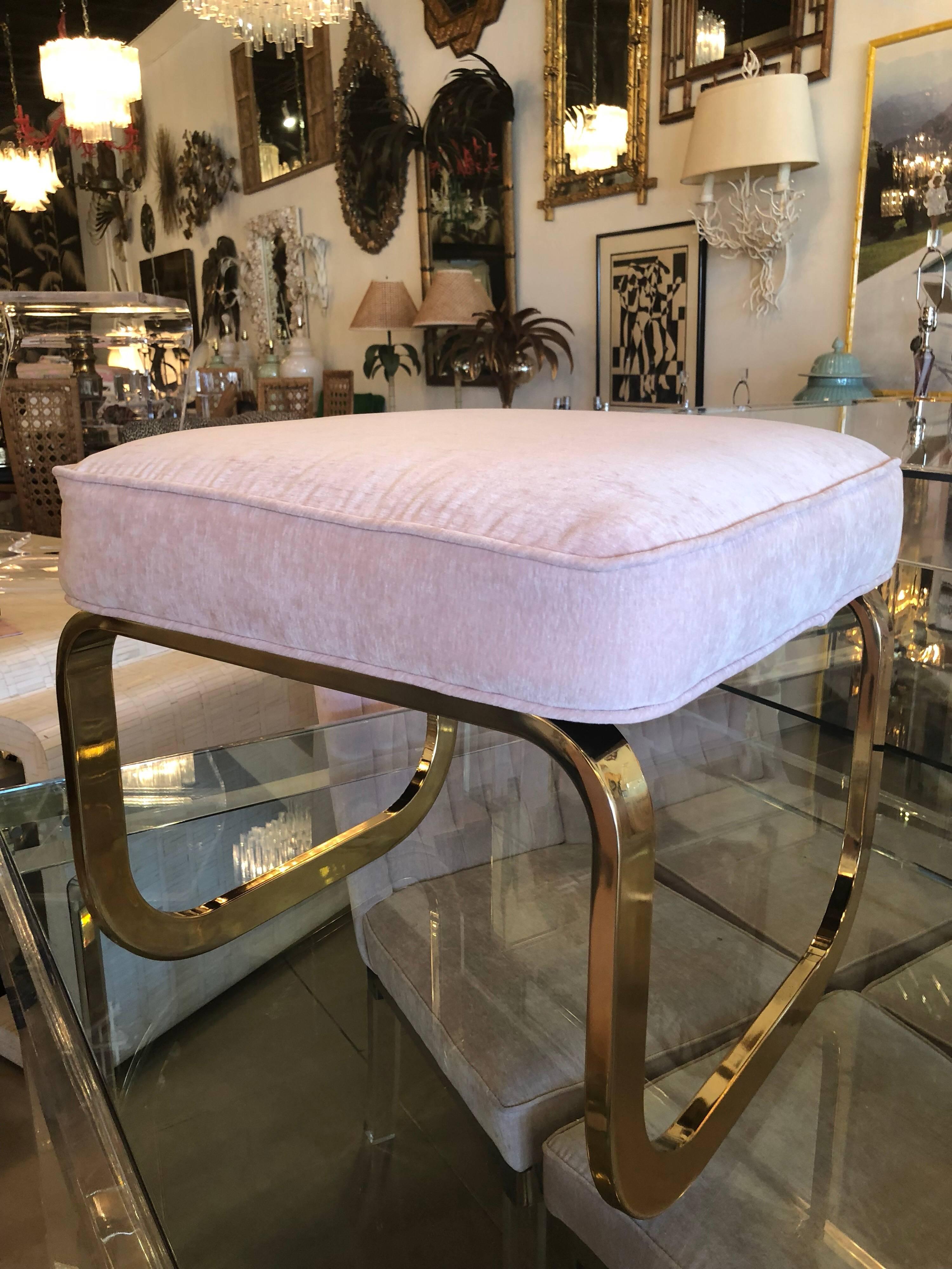 Pair of Brass and Pink Velvet Stools Benches Ottomans Hollywood Regency 4