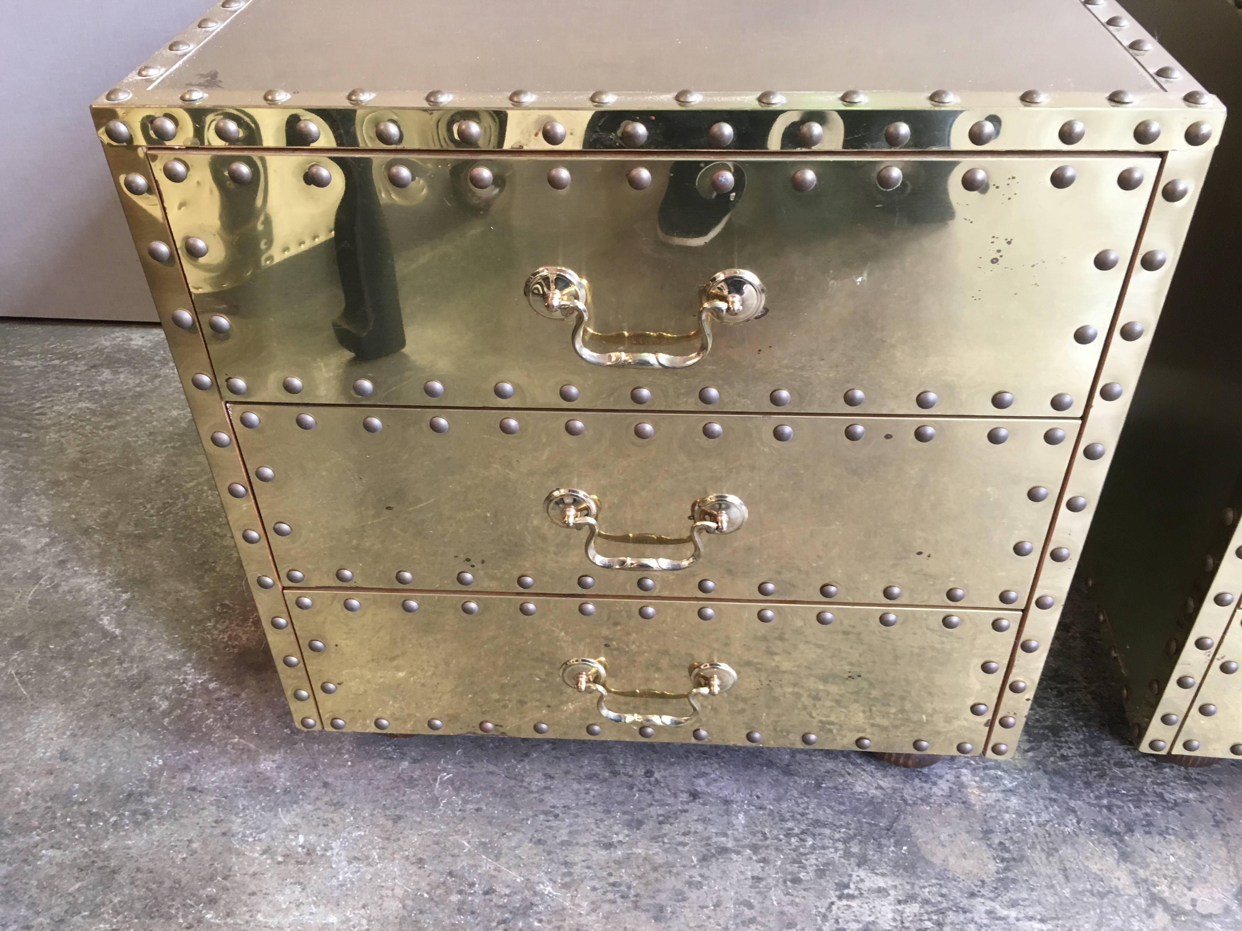 American Pair of Brass Three-Drawer Chests