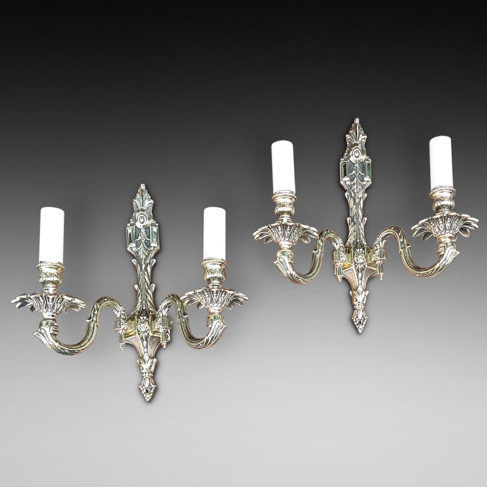Pair of Brass Adam-Style Twin-Branch Wall Lights the Sconces with Stylistic Acanthus Leaf and Ribbon Decorations - 11.5