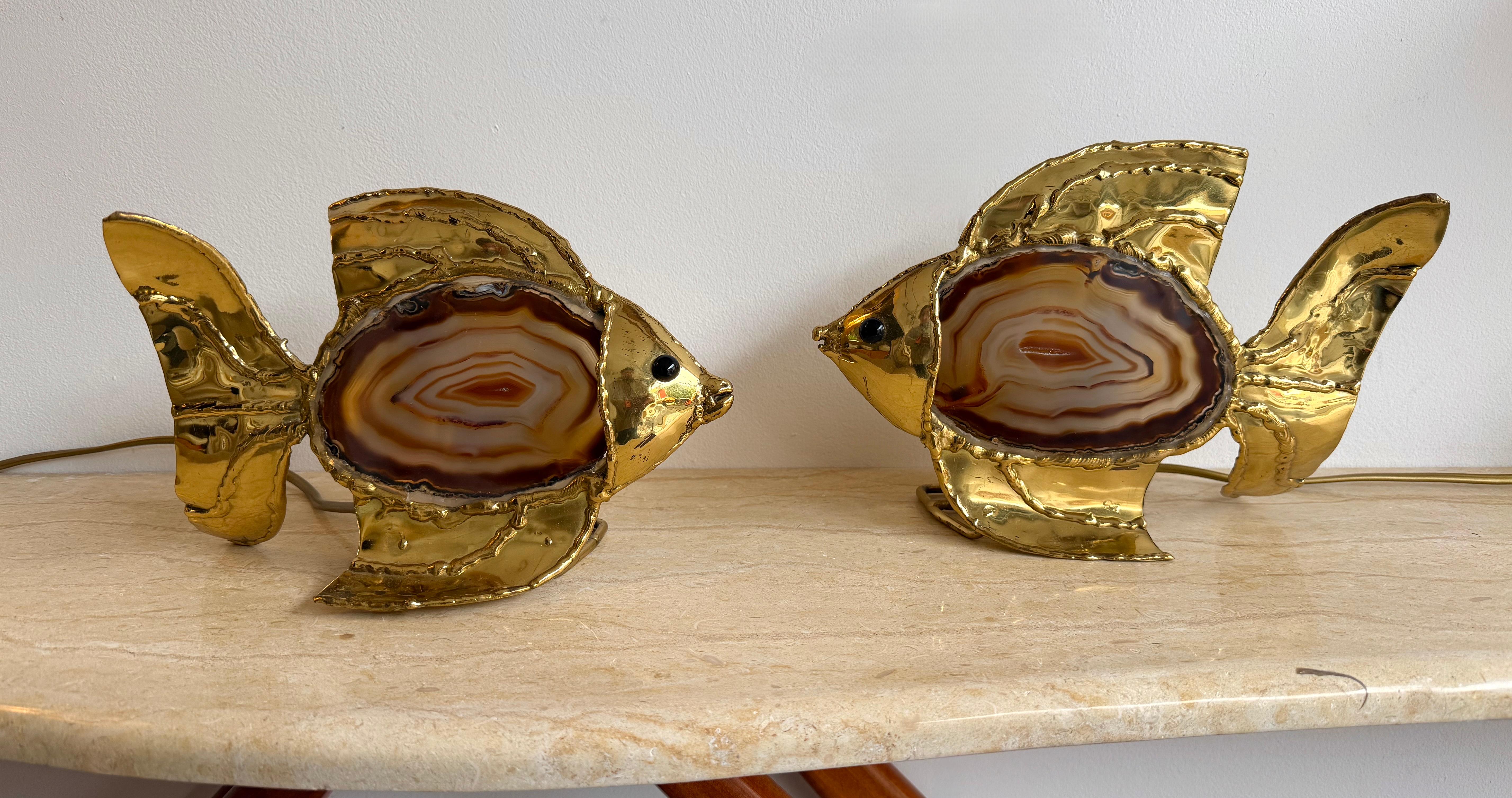 Pareja de lámparas pez de ágata de latón de Henri Fernandez, Francia, años 80 en venta 7