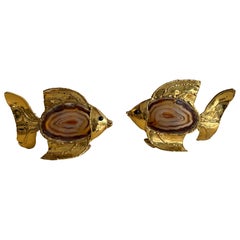 Pair of Brass Agate Fish Lamps by Henri Fernandez, France, 1980s