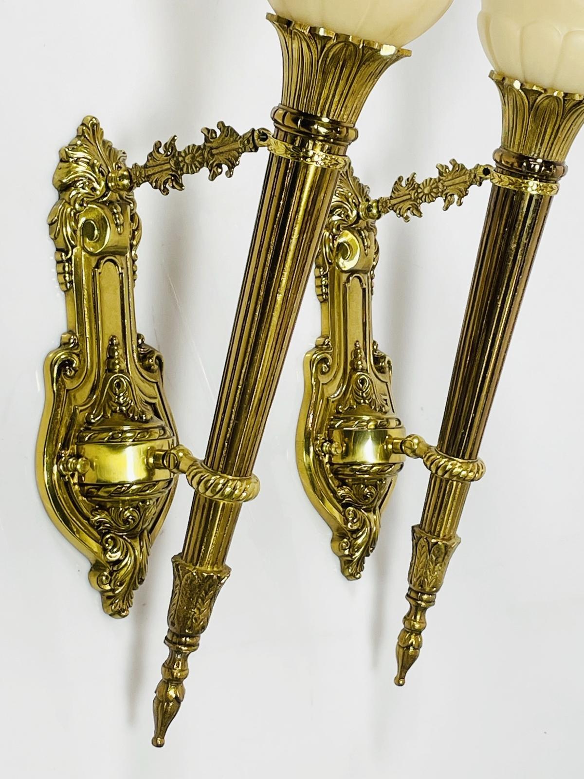 Pair of Brass & Alabaster Wall Sconces in the Neoclassical Style For Sale 4