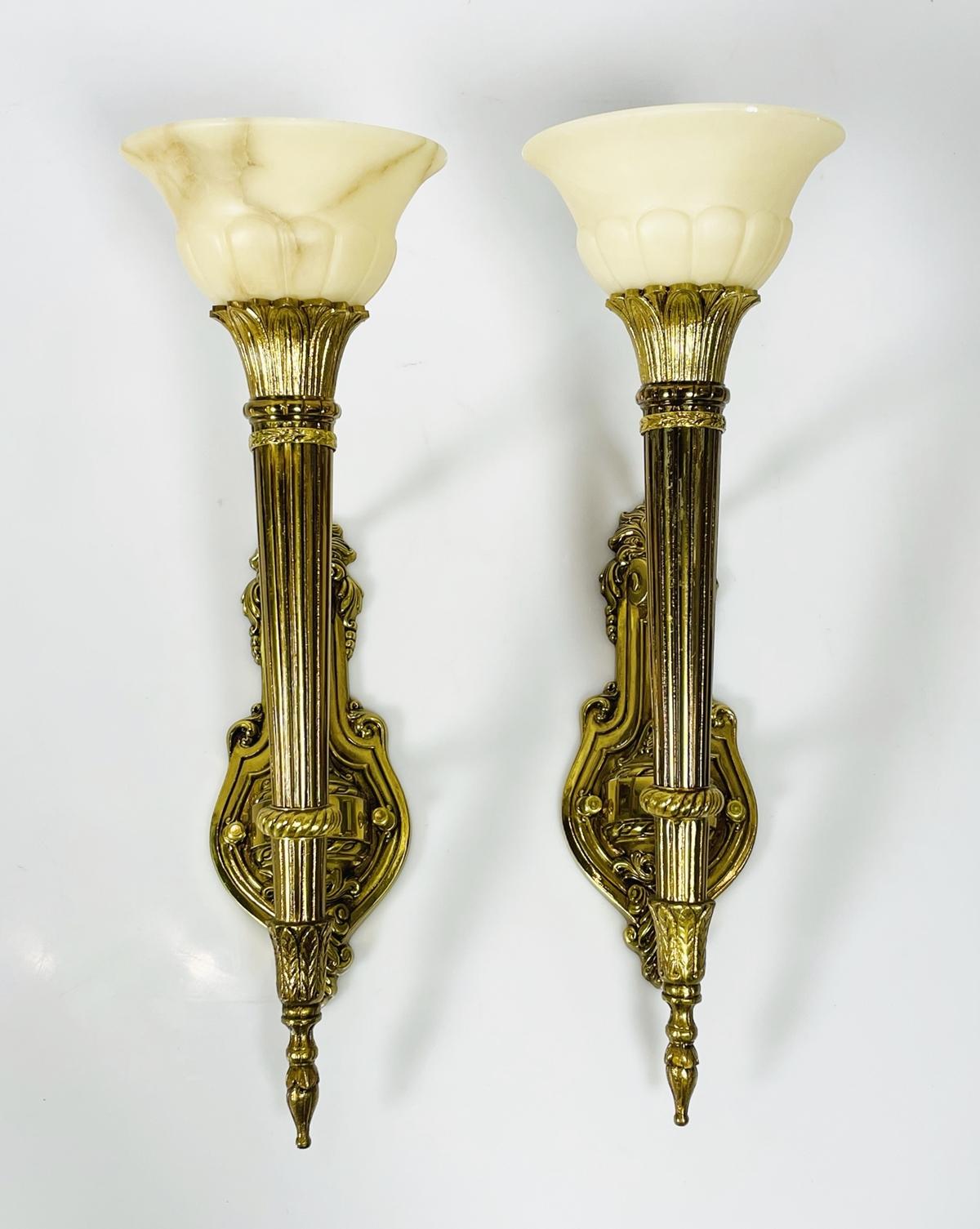 American Pair of Brass & Alabaster Wall Sconces in the Neoclassical Style For Sale
