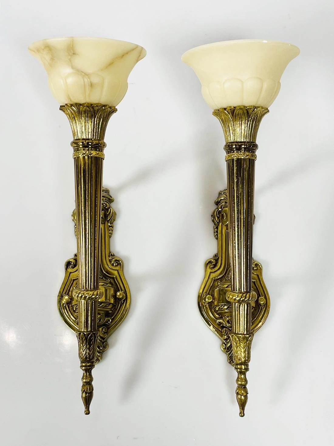 Cast Pair of Brass & Alabaster Wall Sconces in the Neoclassical Style For Sale
