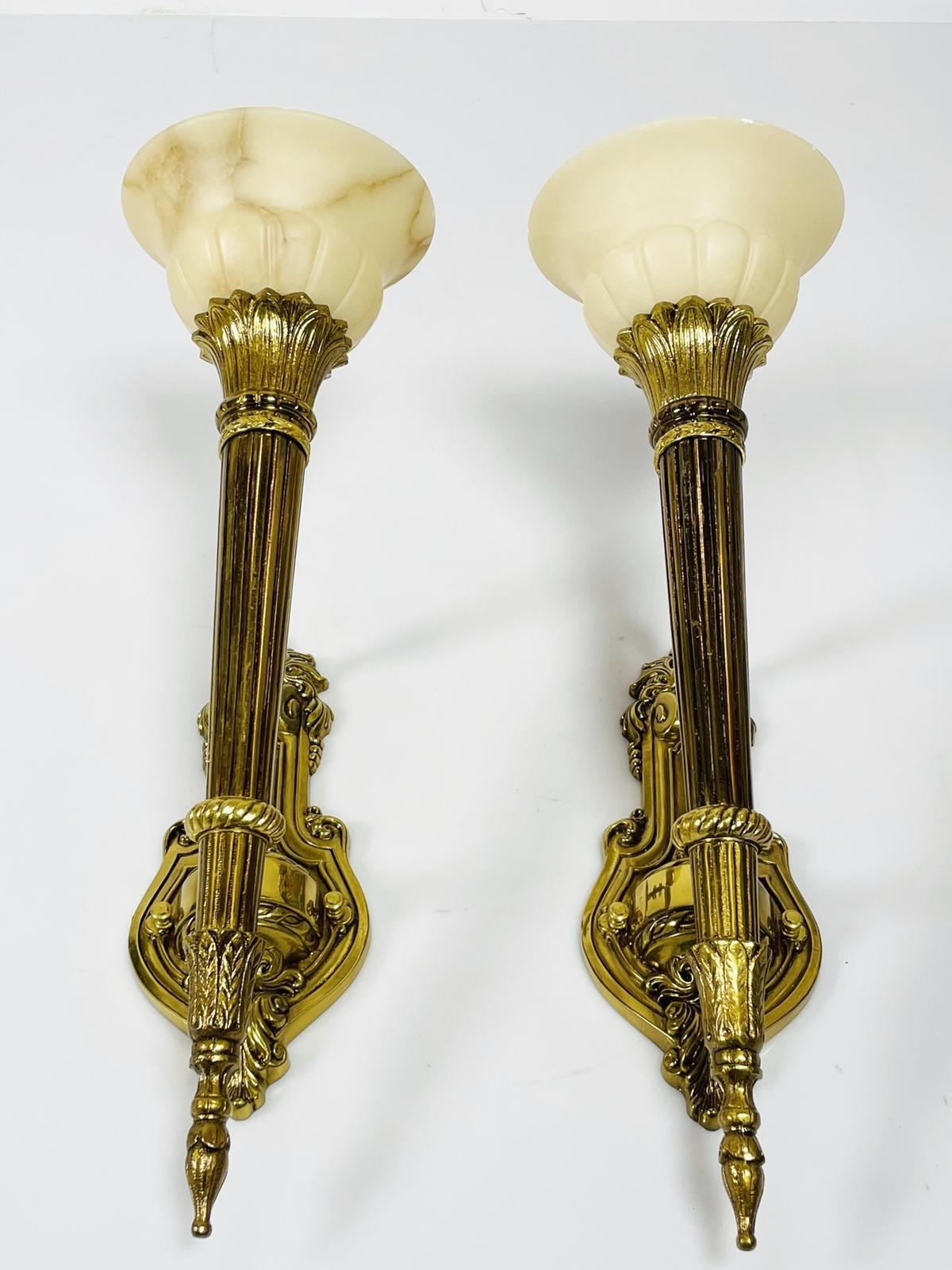 Pair of Brass & Alabaster Wall Sconces in the Neoclassical Style In Good Condition For Sale In Los Angeles, CA