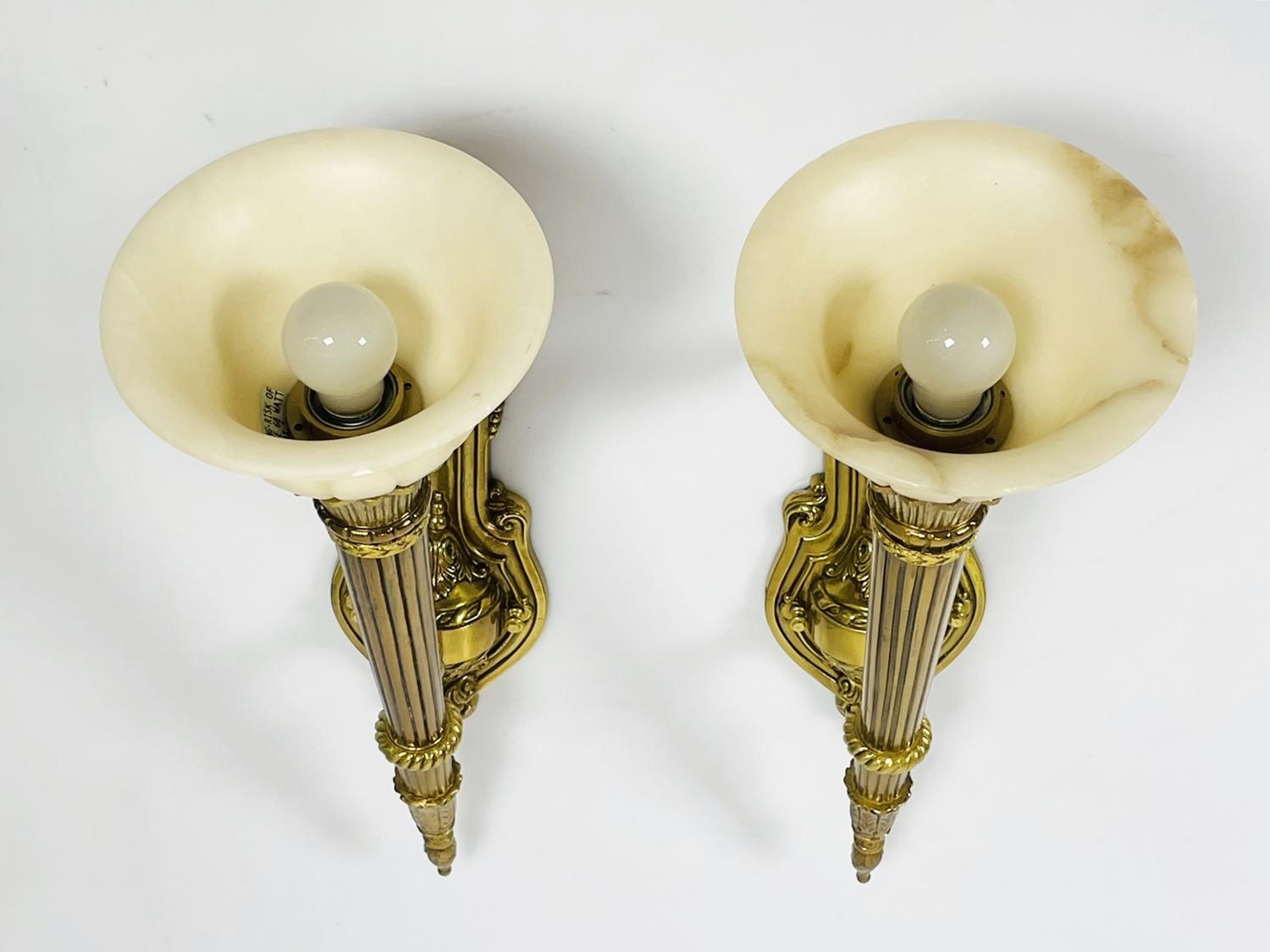 Pair of Brass & Alabaster Wall Sconces in the Neoclassical Style For Sale 1