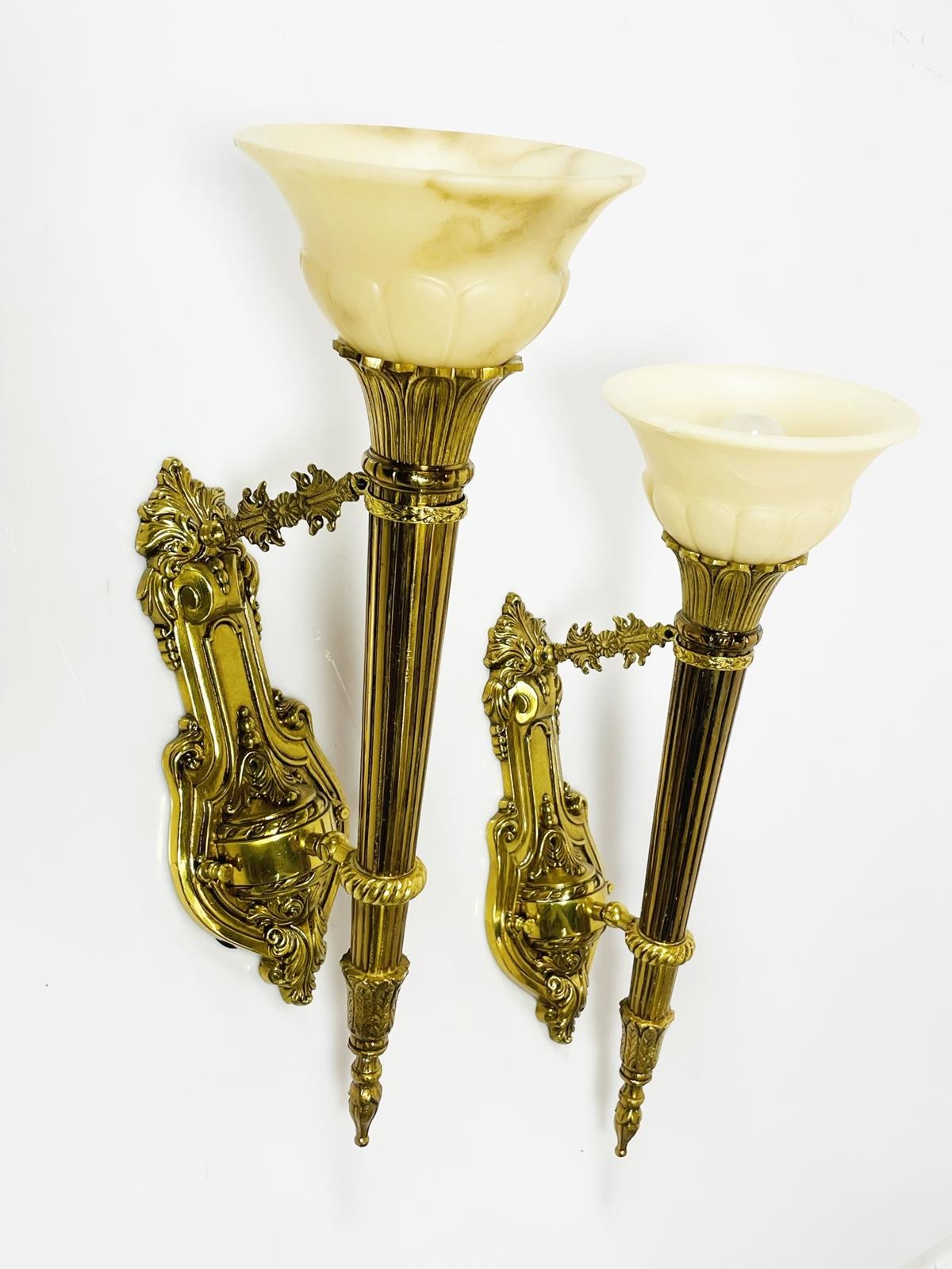Pair of Brass & Alabaster Wall Sconces in the Neoclassical Style For Sale 3