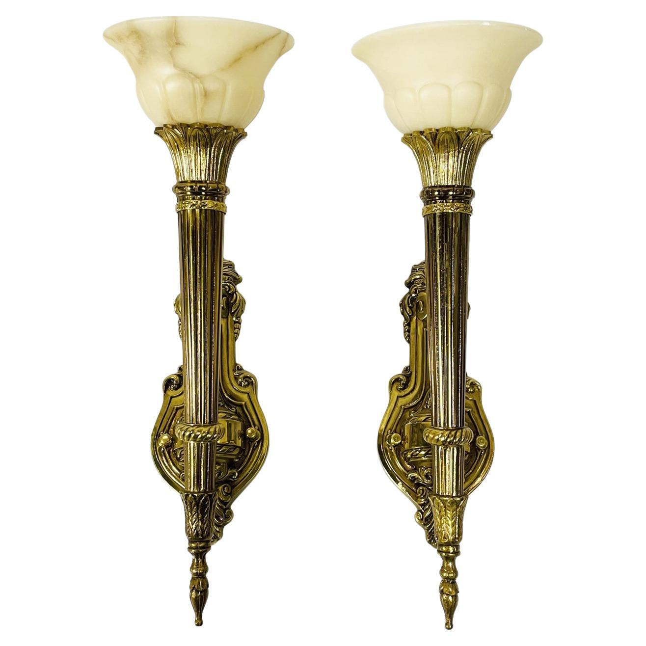 Pair of Brass & Alabaster Wall Sconces in the Neoclassical Style For Sale