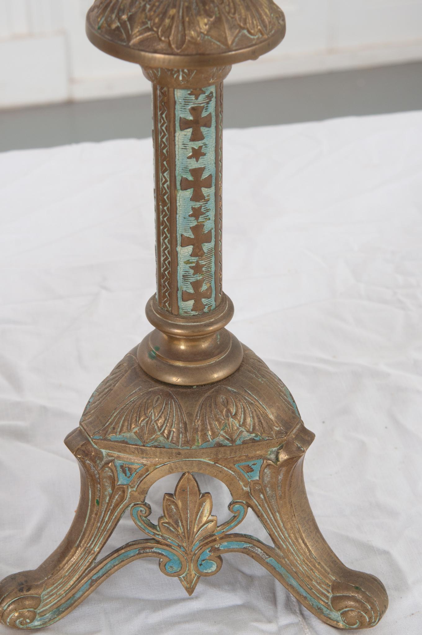 Forged Pair of Brass Altar Candlesticks
