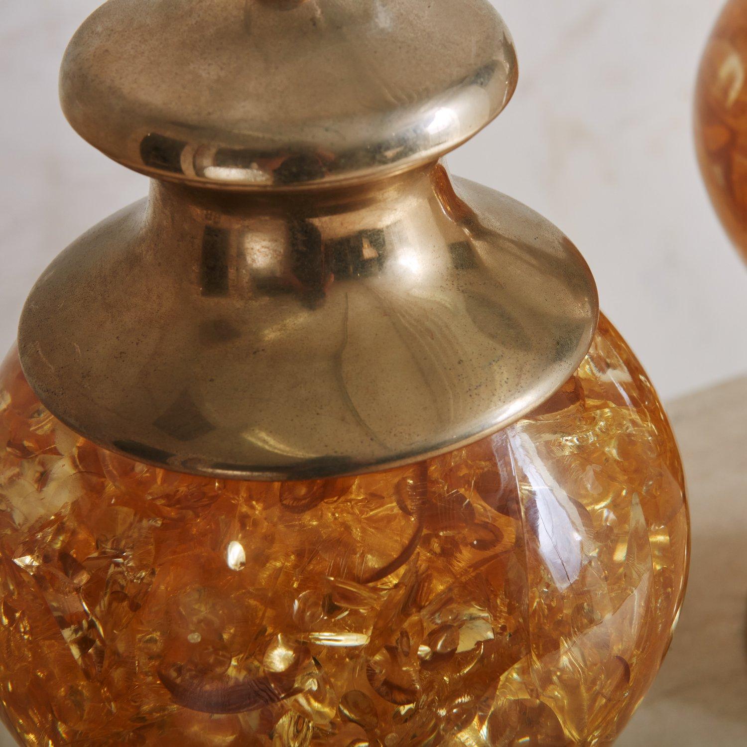 Pair of Brass + Amber Fractured Resin Urns, France, 1960s For Sale 2