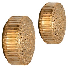 Pair of Brass Amber Glass Wall Lights/ Flush Mounts by Motoko Isshi for Staff
