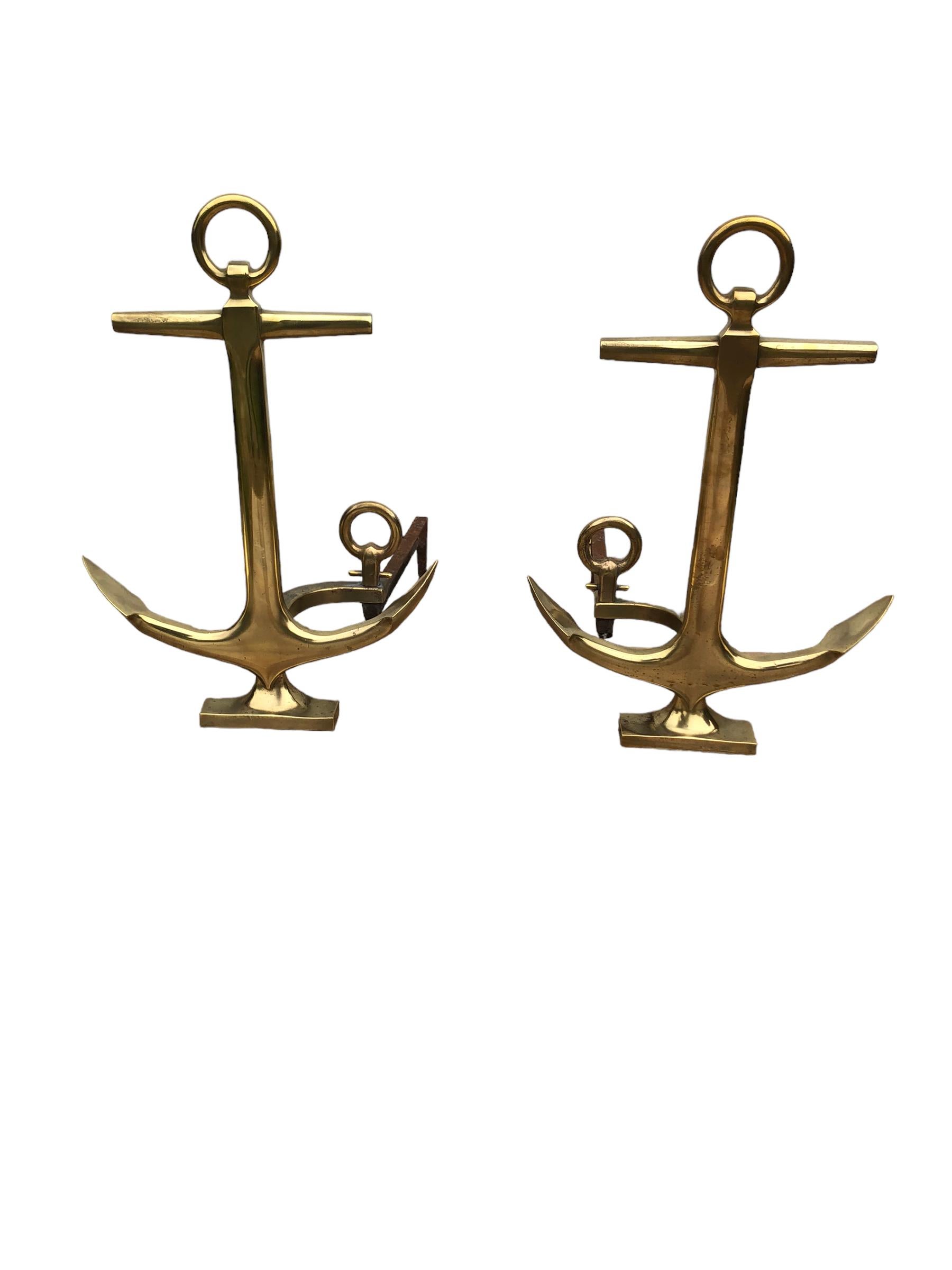 American Pair of Brass Anchor Andirons by Rostand