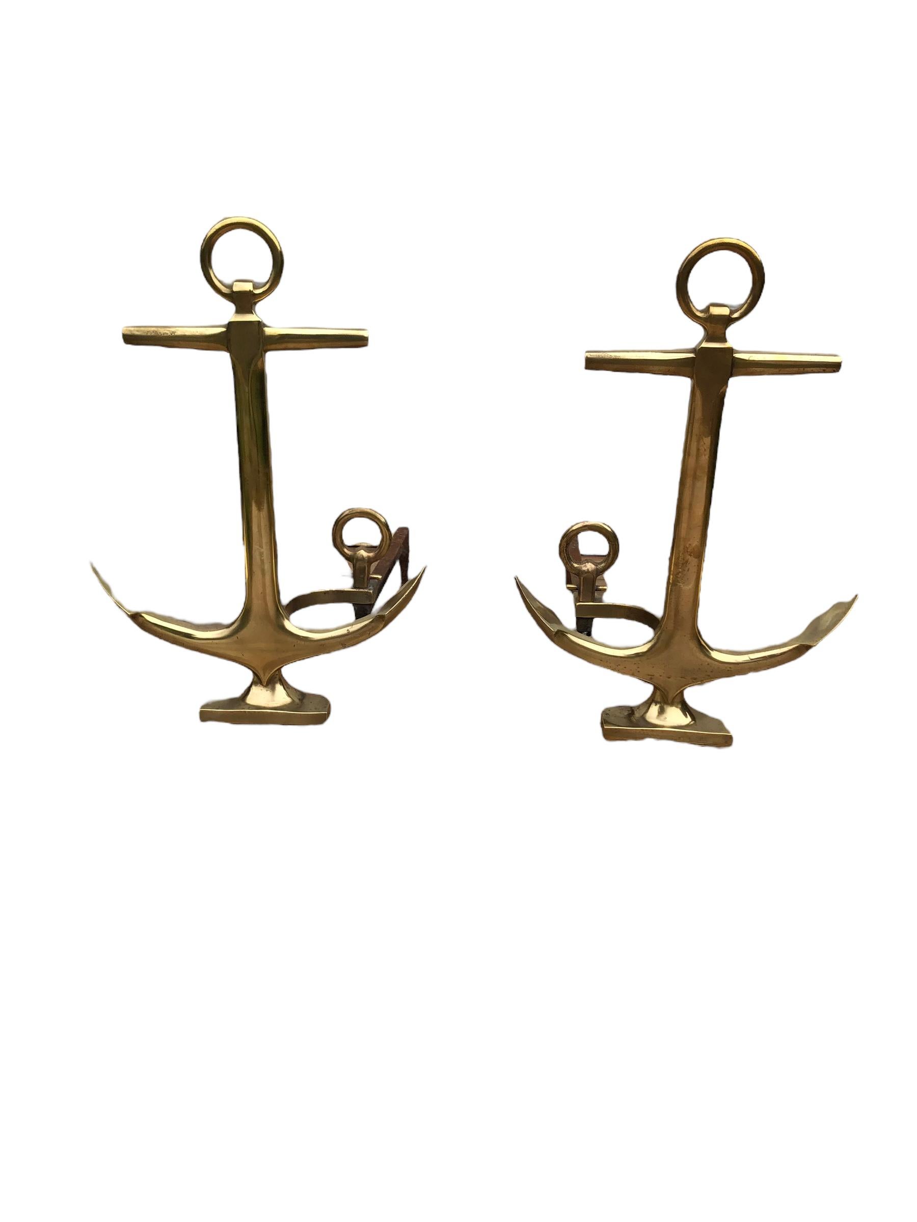 Pair of Brass Anchor Andirons by Rostand In Good Condition In Chapel Hill, NC