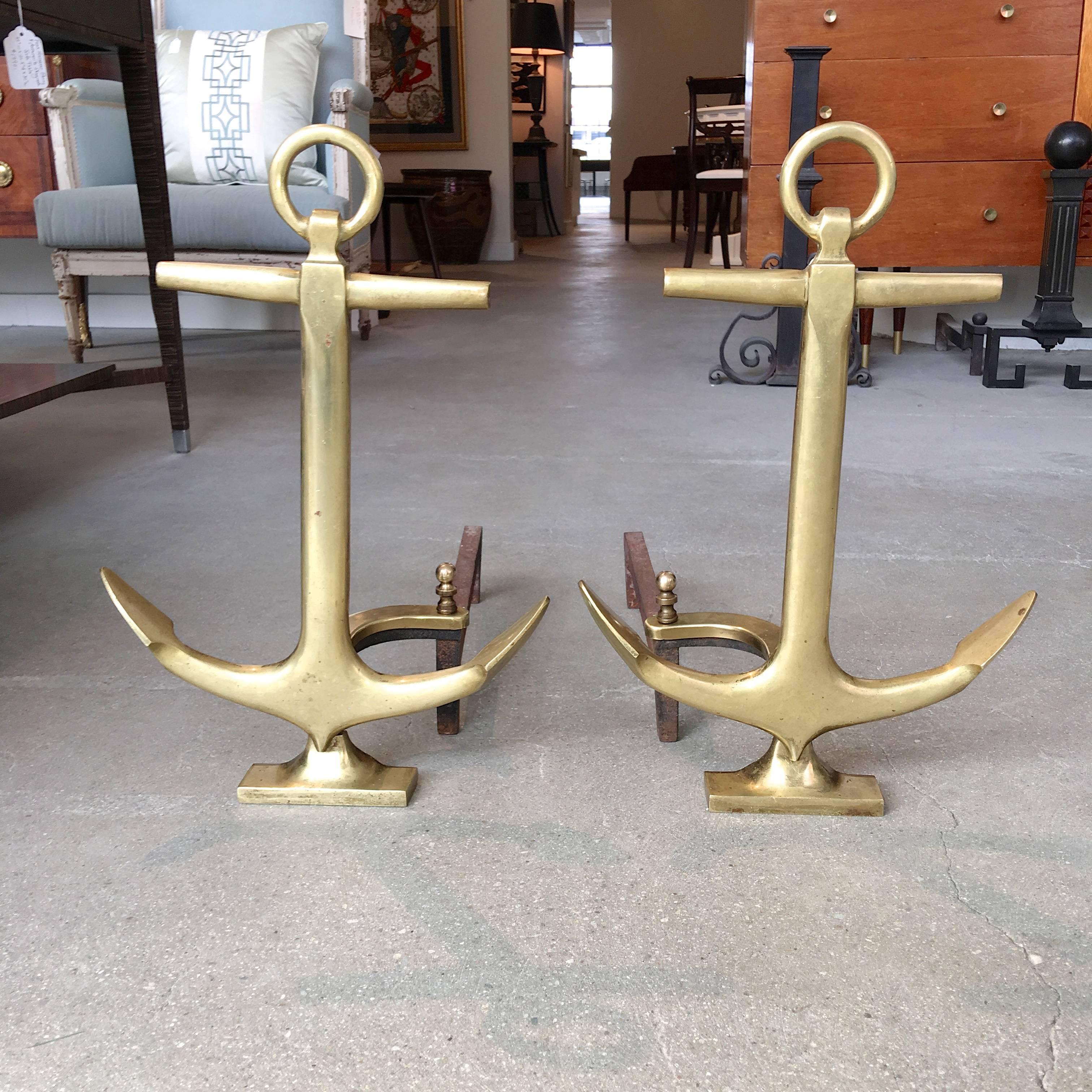 Mid-Century Modern Pair of Brass Anchor Andirons