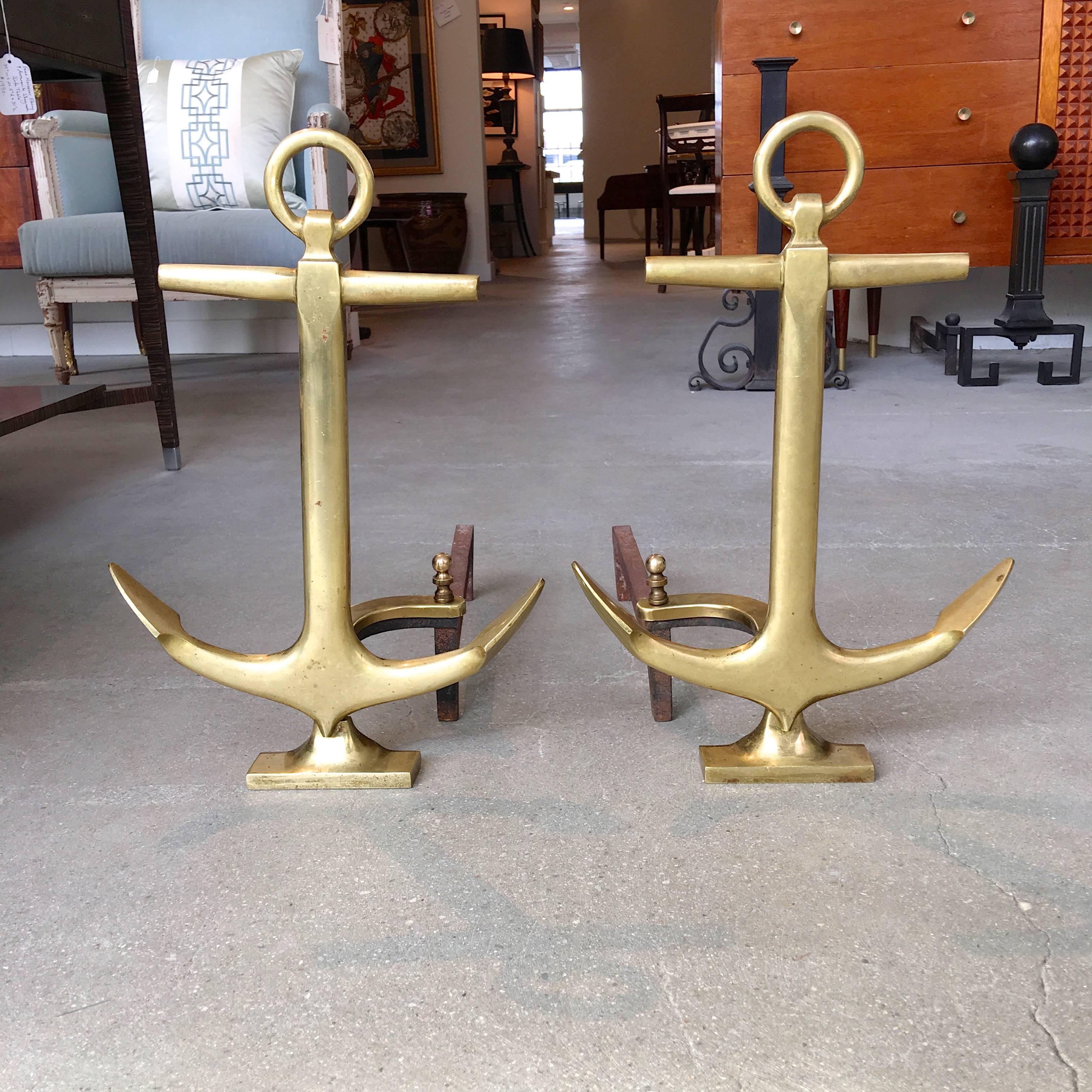 American Pair of Brass Anchor Andirons