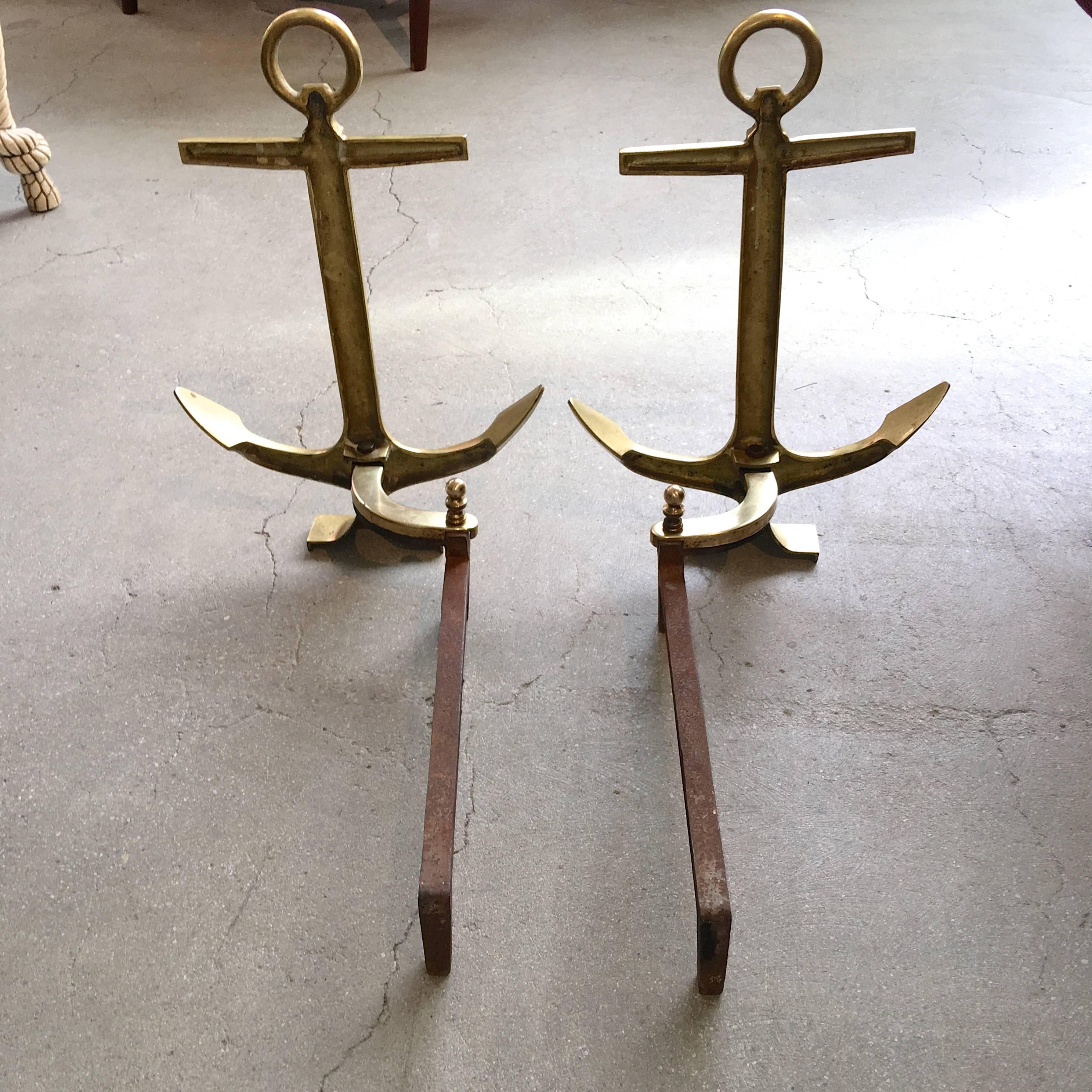 Pair of Brass Anchor Andirons In Excellent Condition In Hanover, MA