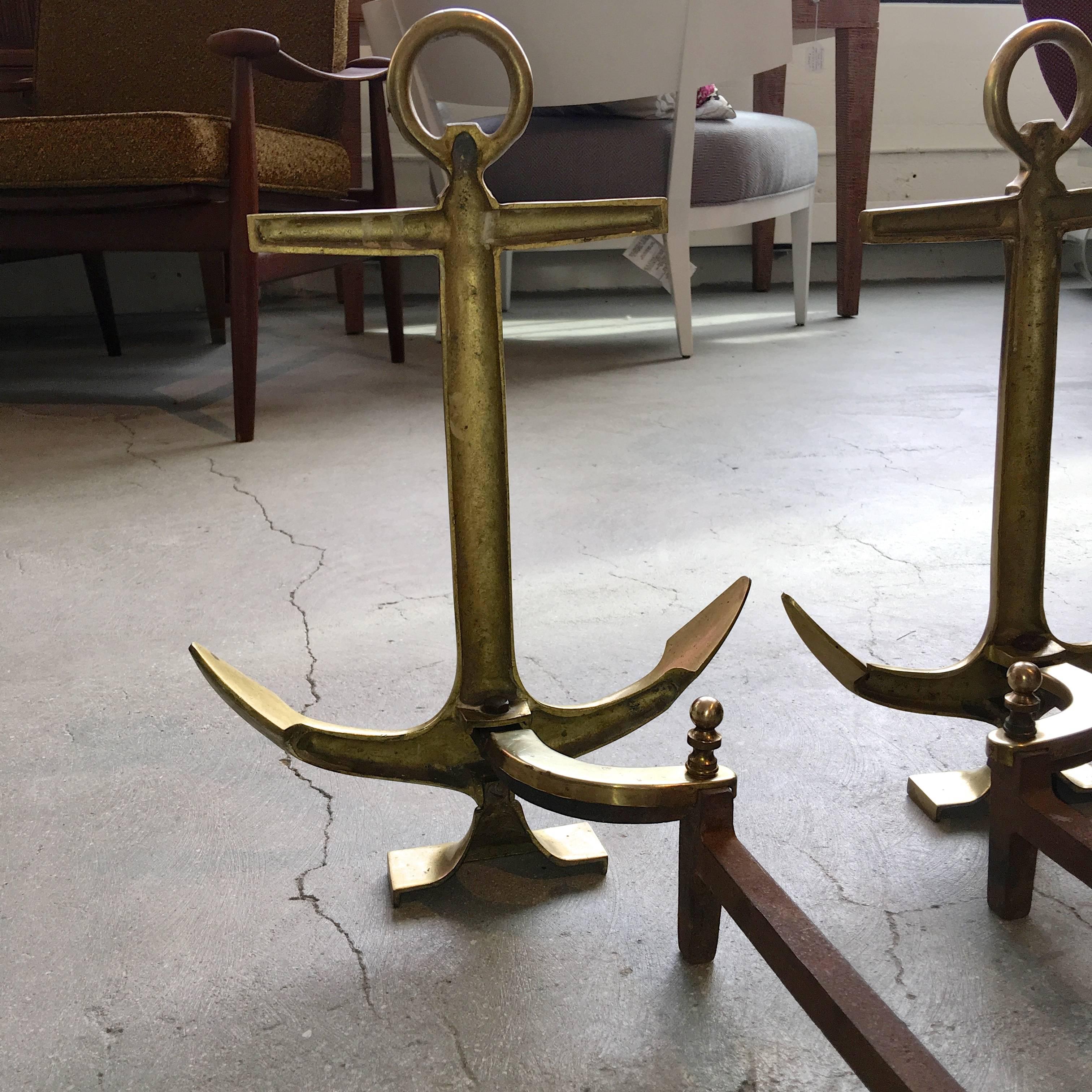 Mid-20th Century Pair of Brass Anchor Andirons