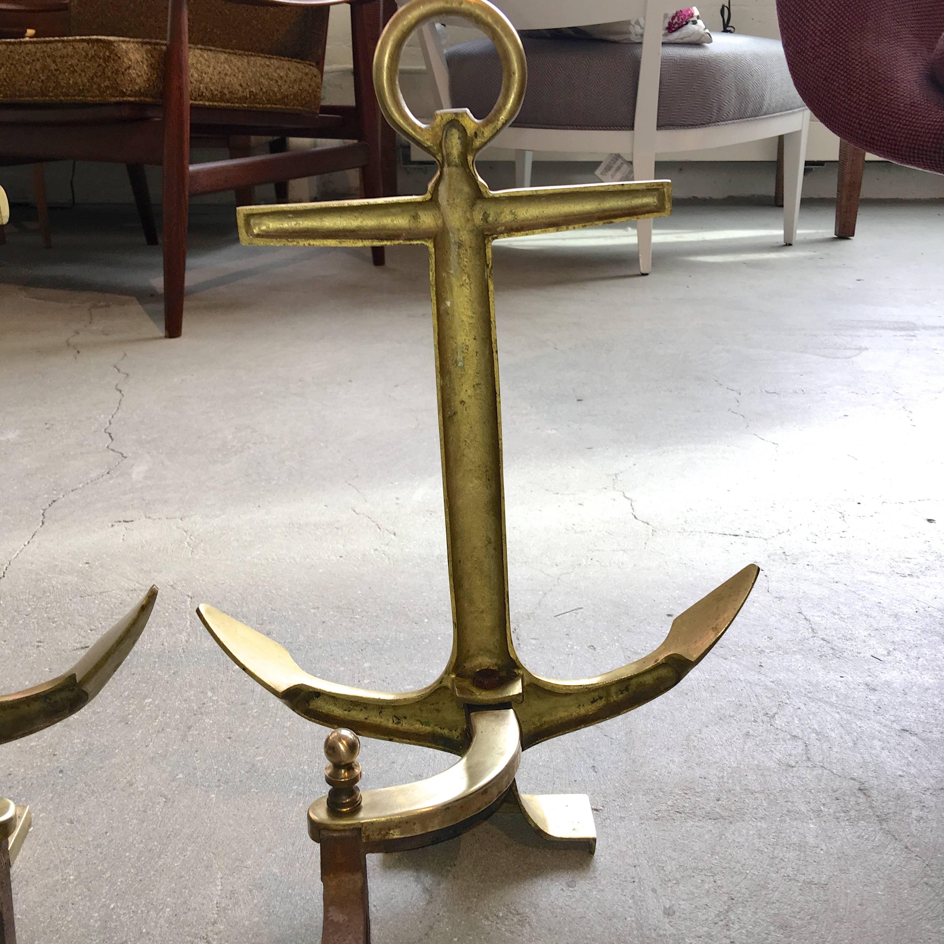 Pair of Brass Anchor Andirons 1