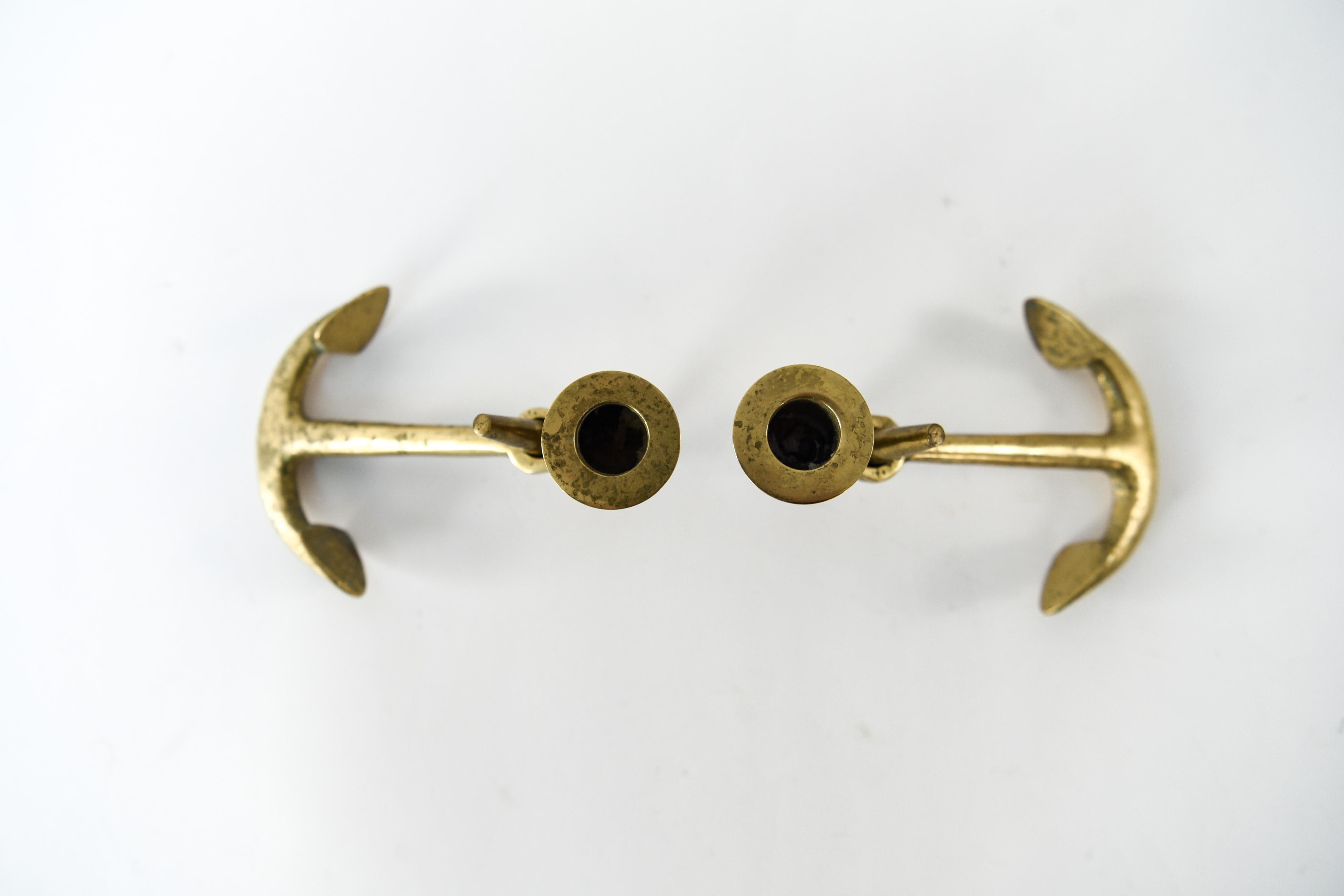 Mid-Century Modern Pair of Brass Anchor Candlesticks