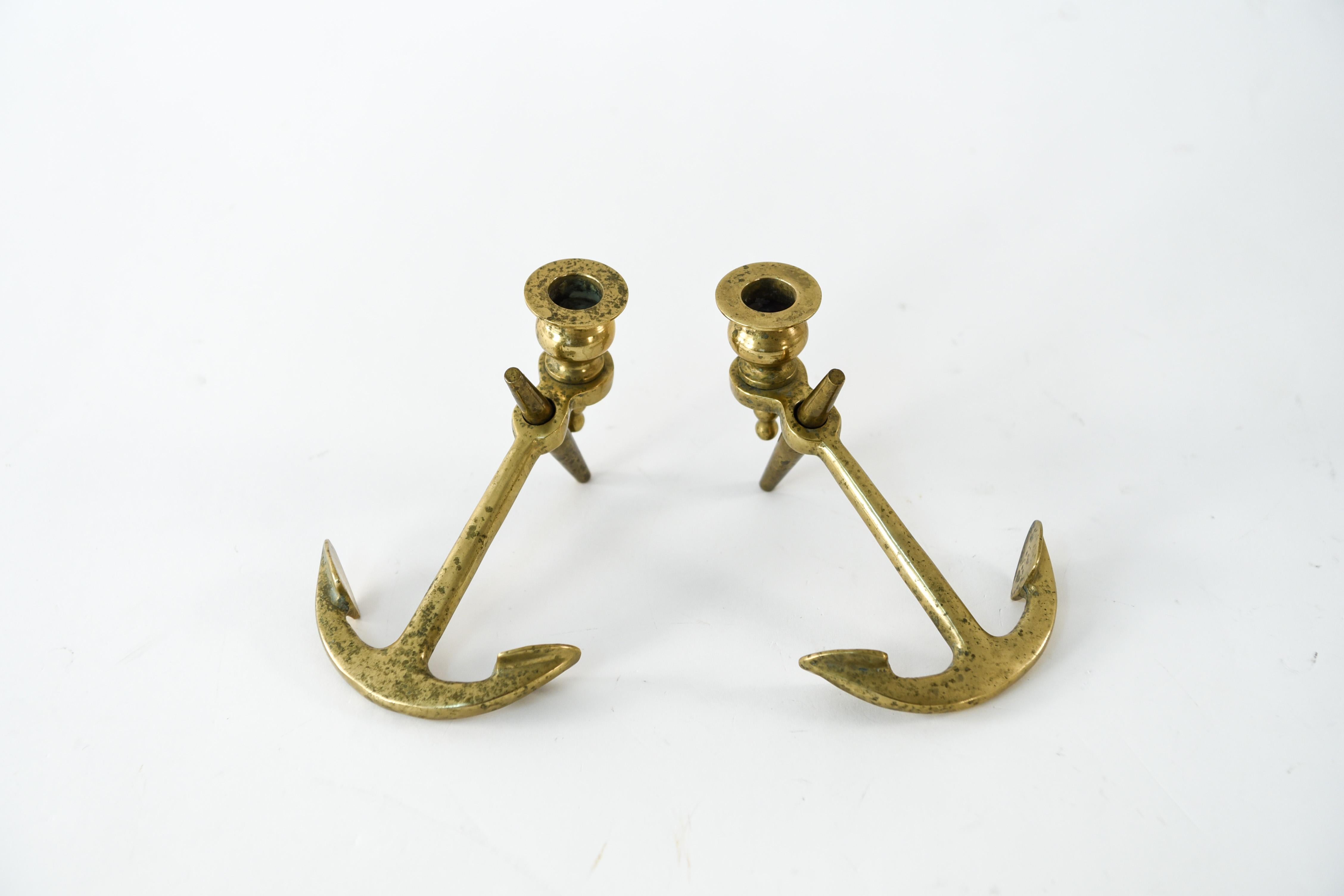 Danish Pair of Brass Anchor Candlesticks