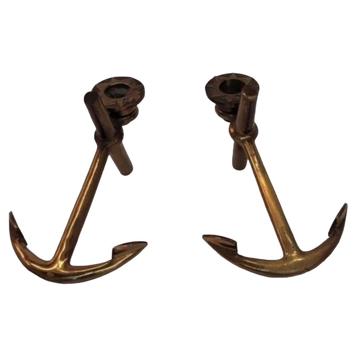 Pair of Brass Anchor Nautical Rare Candle Holder For Sale at 1stDibs