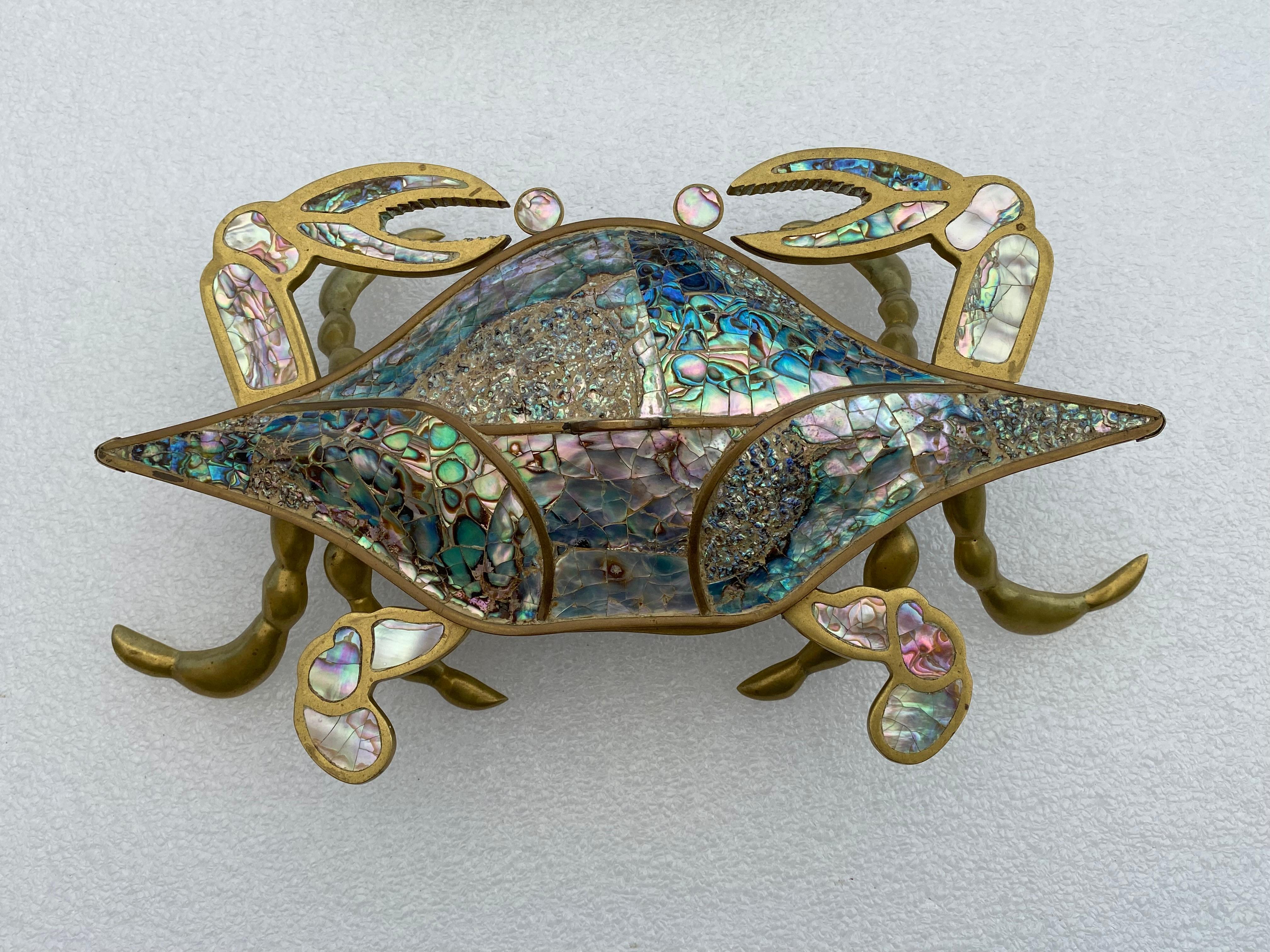 Pair of brass and abalone shell crab sculptures / boxes mother and baby. Mother is 14