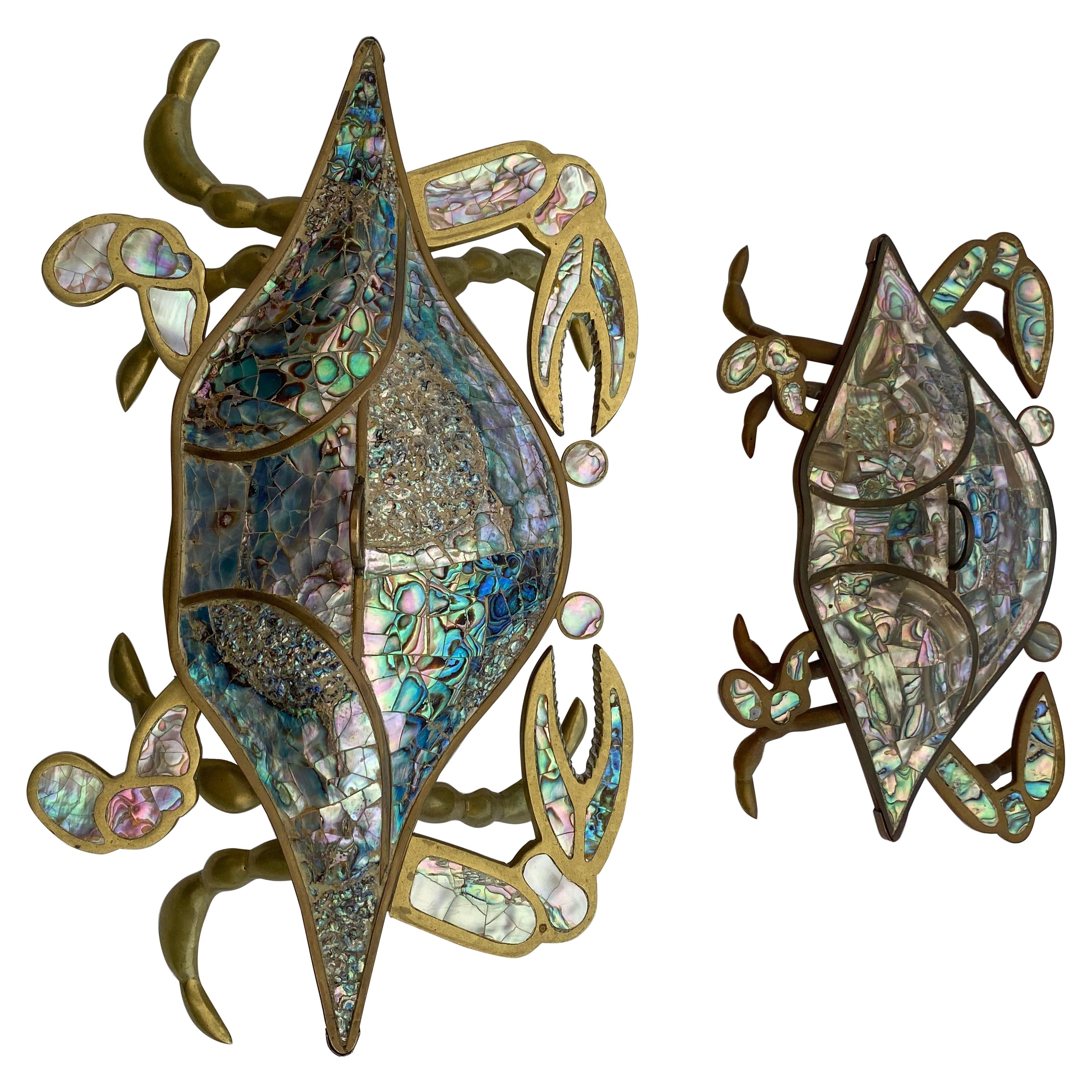 Pair of Brass and Abalone Shell Crab Sculpture / Box