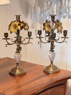 Pair of Brass and Alabaster Candelabra With Floral Arms