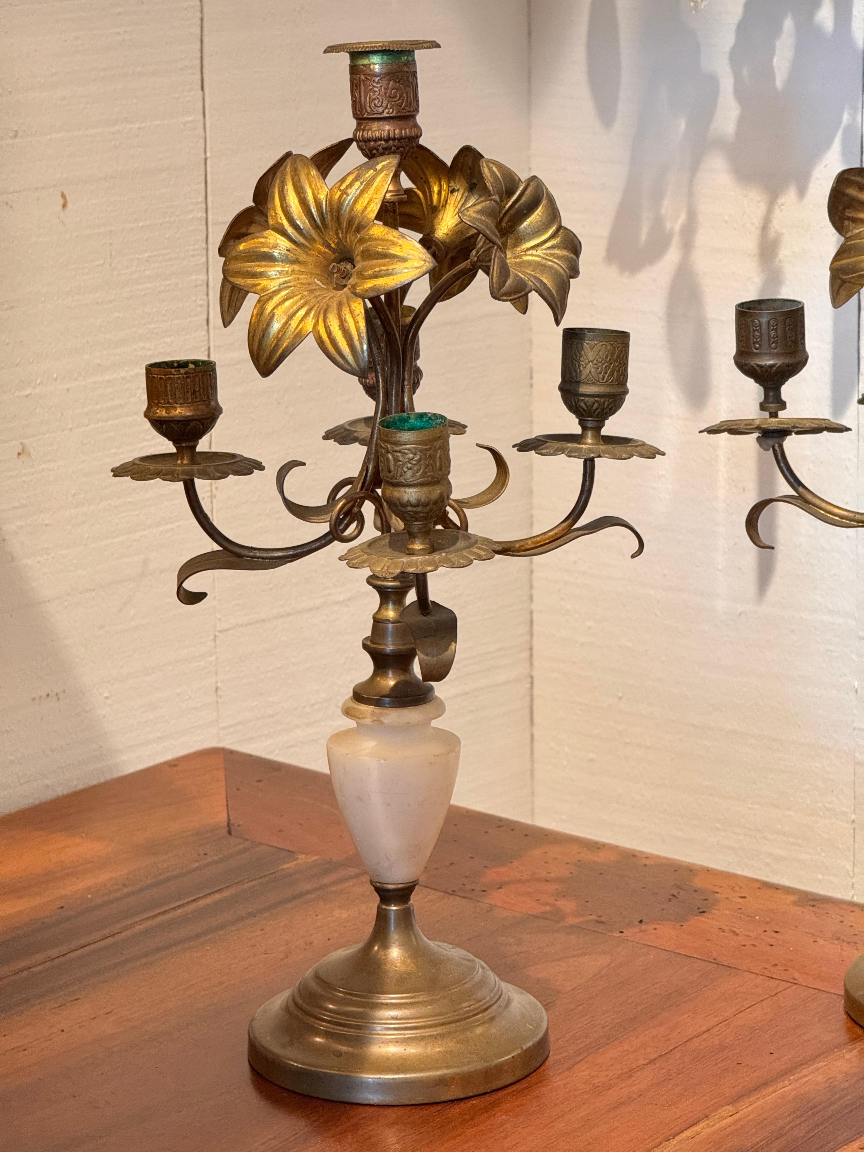 Italian Pair of Brass and Alabaster Candelabra With Floral Arms For Sale