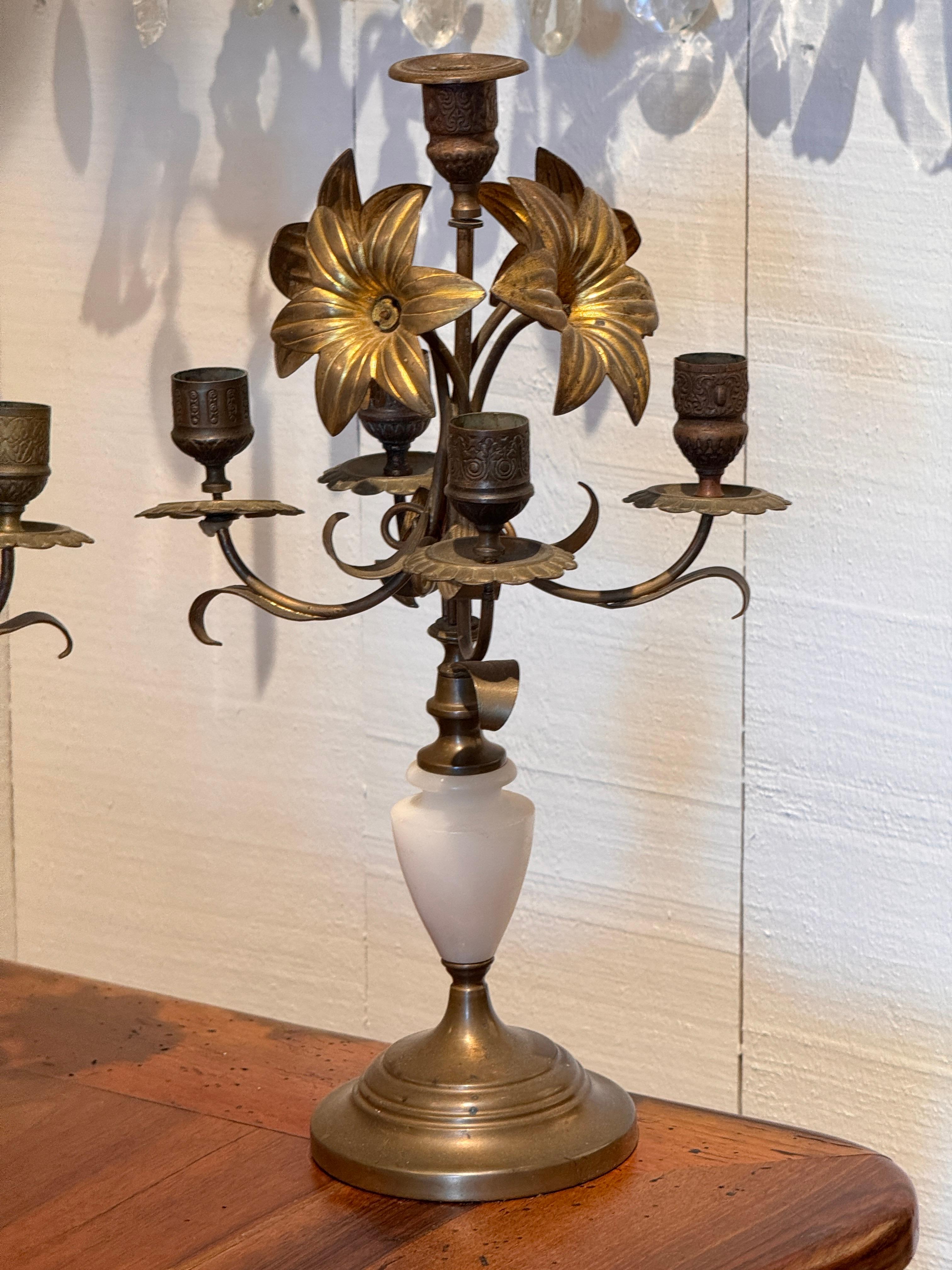 Pair of Brass and Alabaster Candelabra With Floral Arms In Good Condition For Sale In Charlottesville, VA
