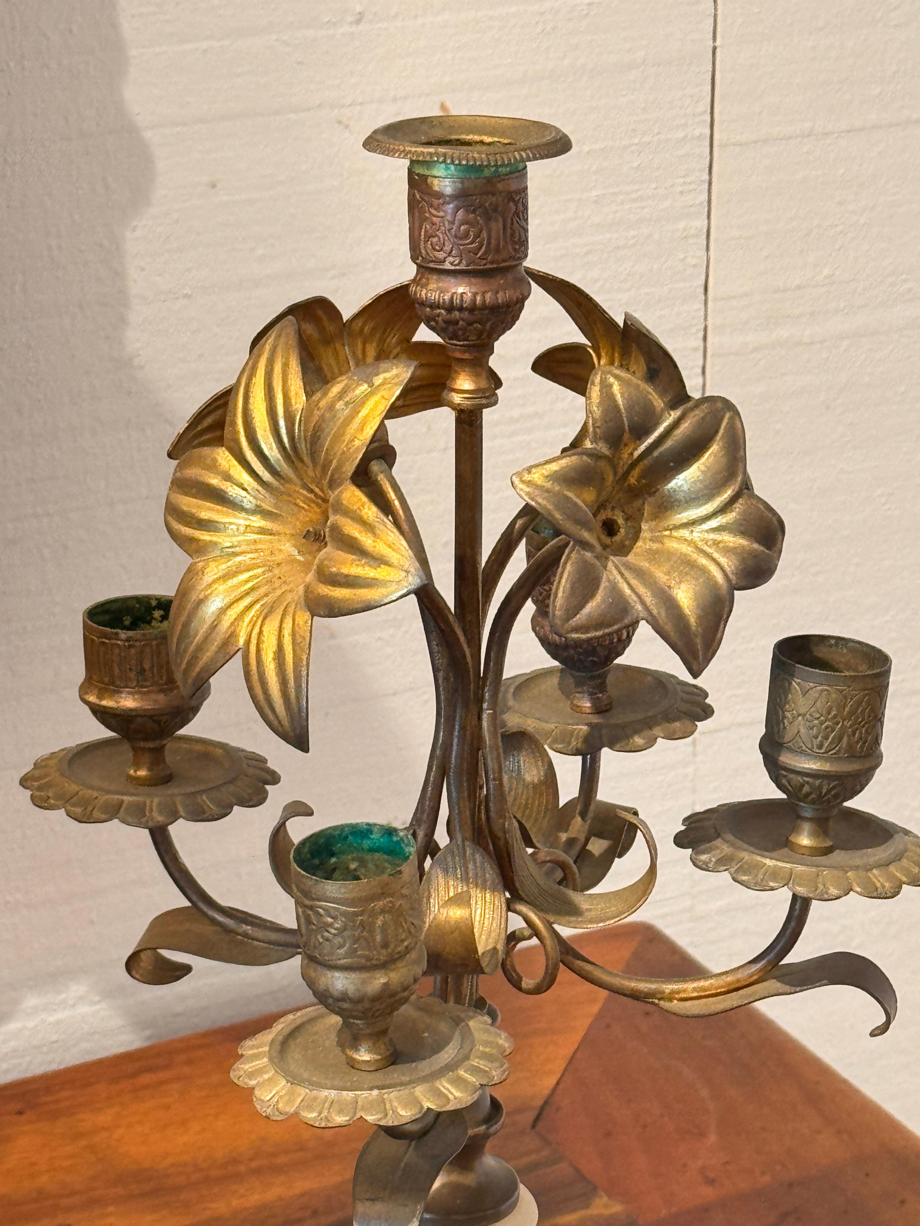 Mid-20th Century Pair of Brass and Alabaster Candelabra With Floral Arms For Sale