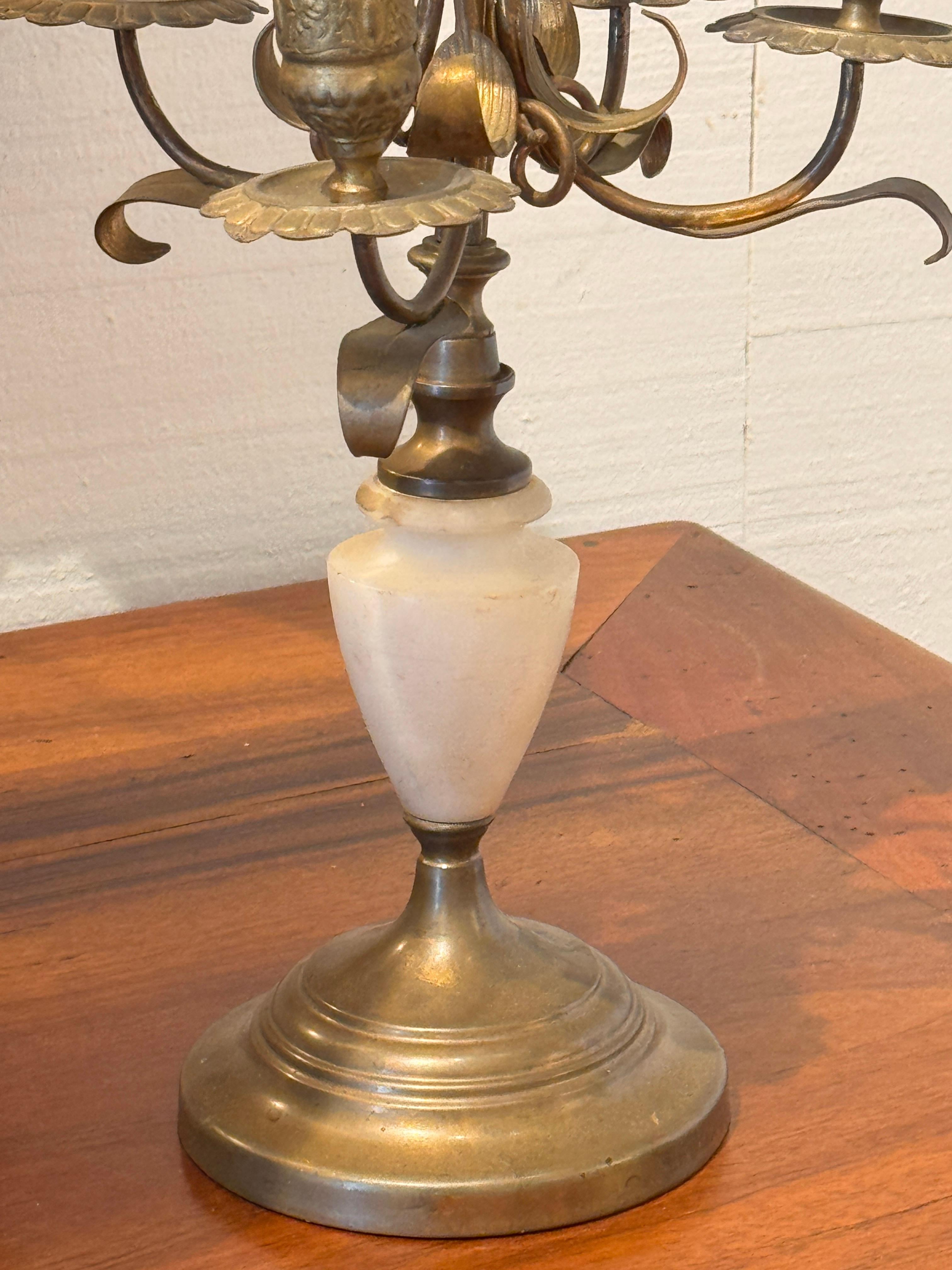 Pair of Brass and Alabaster Candelabra With Floral Arms For Sale 1